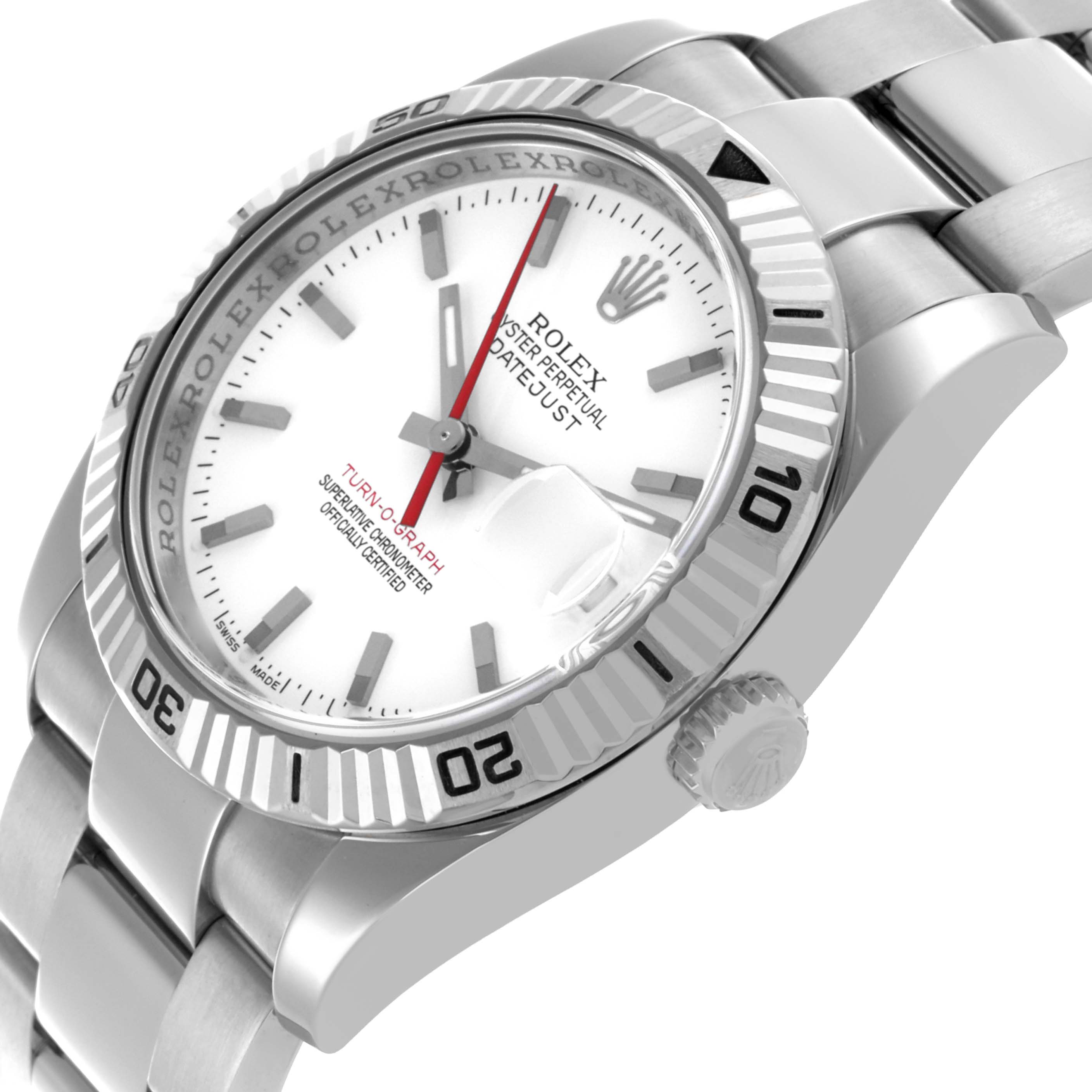 The Rolex Turn-o-Graph 116264 Men's Stainless Steel White Dial 116264 Men's Stainless Steel White Dial watch is shown from a side angle, highlighting the bezel, dial, crown, and bracelet.