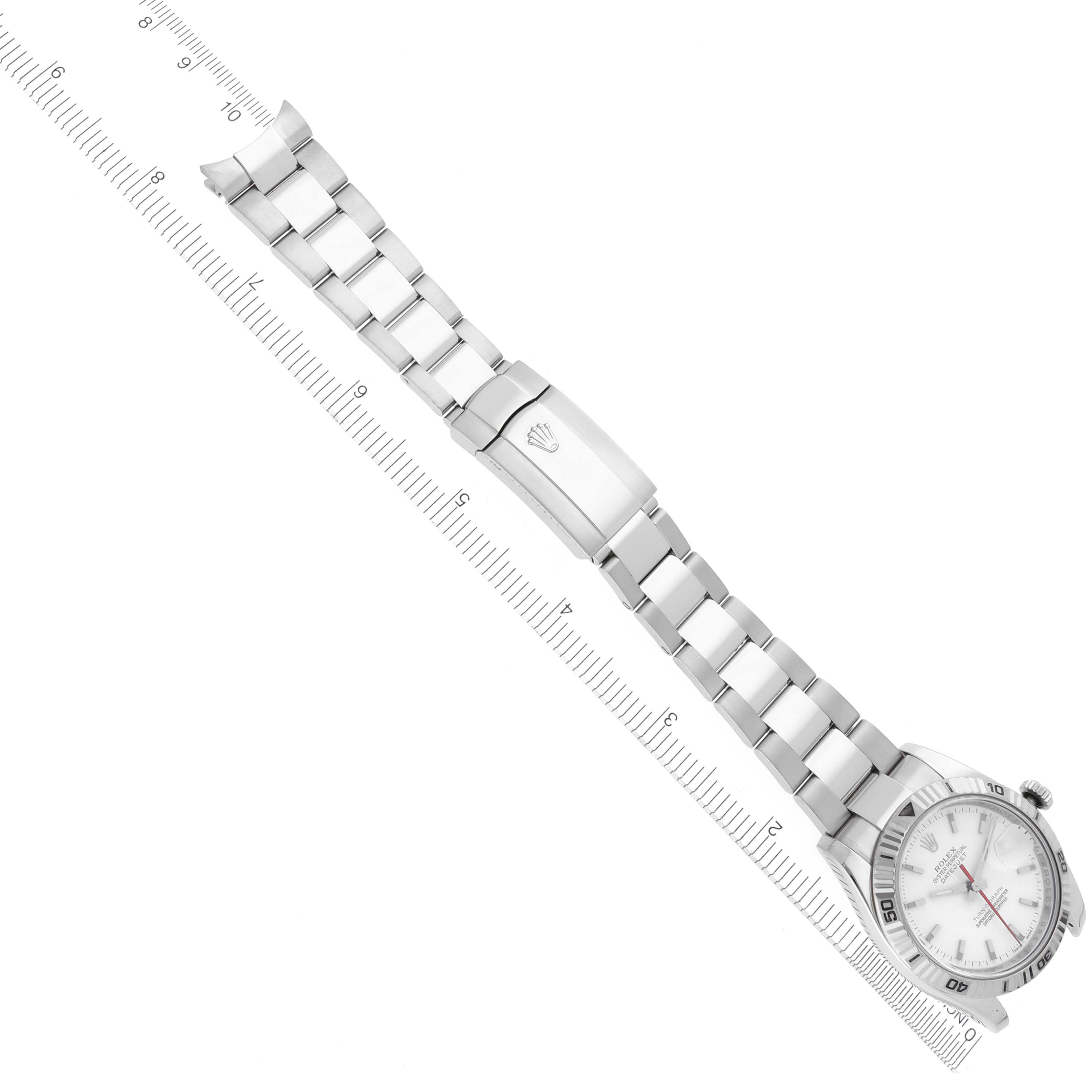 The Rolex Turn-o-Graph 116264 Men's Stainless Steel White Dial 116264 Men's Stainless Steel White Dial watch is shown from a top-down angle, highlighting its face, bezel, and full metal bracelet with clasp.