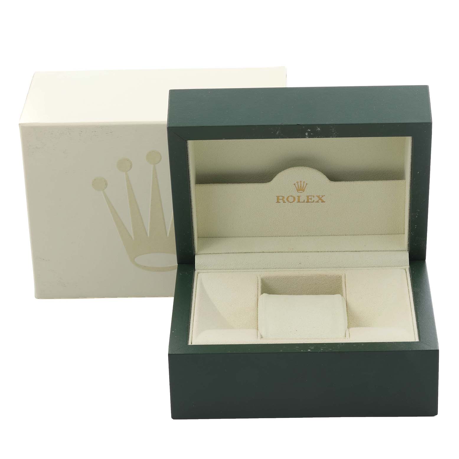 The image shows an open Rolex Turn-o-Graph 116264 Men's Stainless Steel White Dial 116264 Men's Stainless Steel White Dial watch box with a green exterior and cream interior, prominently displaying the logo.