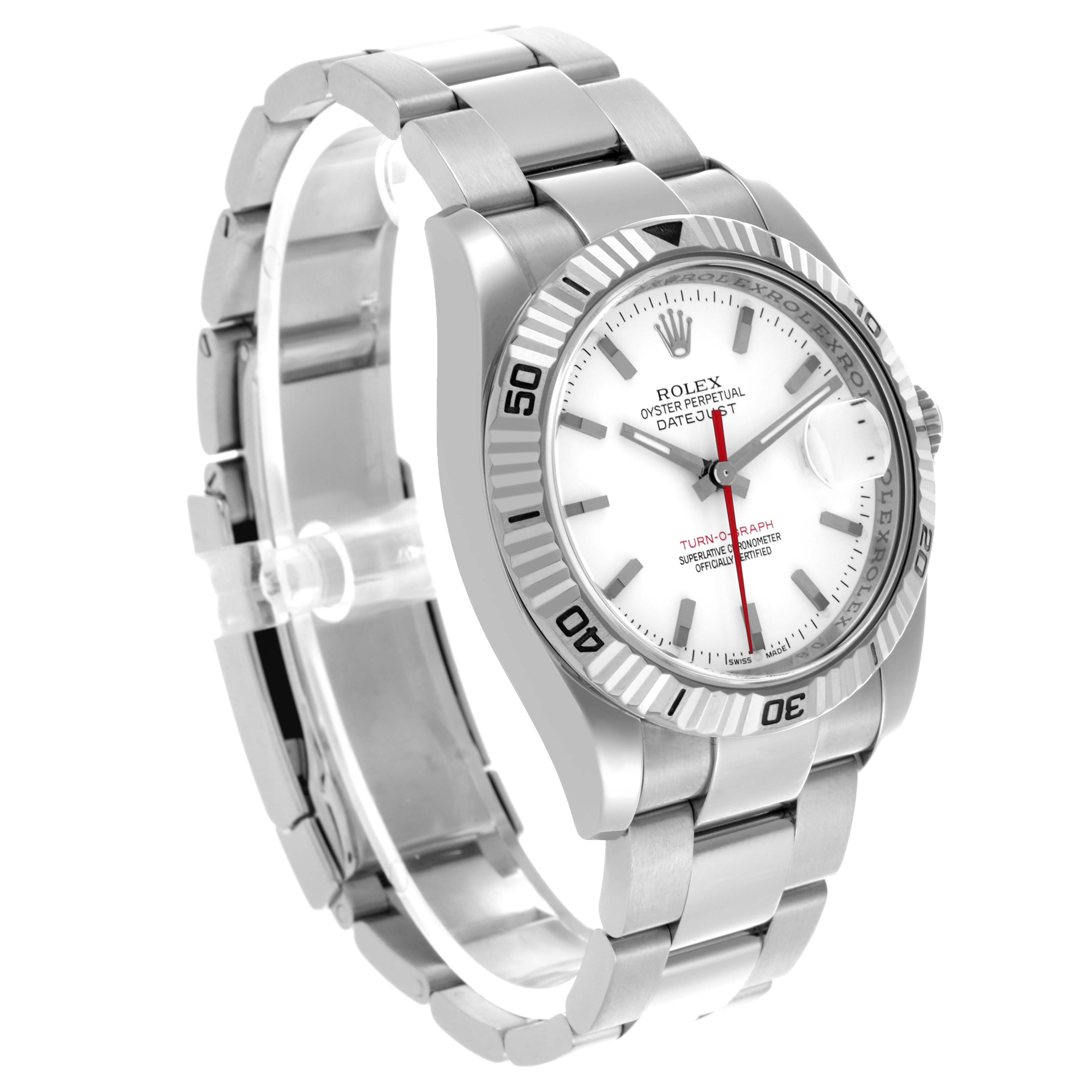 The Rolex Turn-o-Graph 116264 Men's Stainless Steel White Dial 116264 Men's Stainless Steel White Dial watch is shown at a slight angle, displaying the bracelet, bezel, and face with visible dial features.