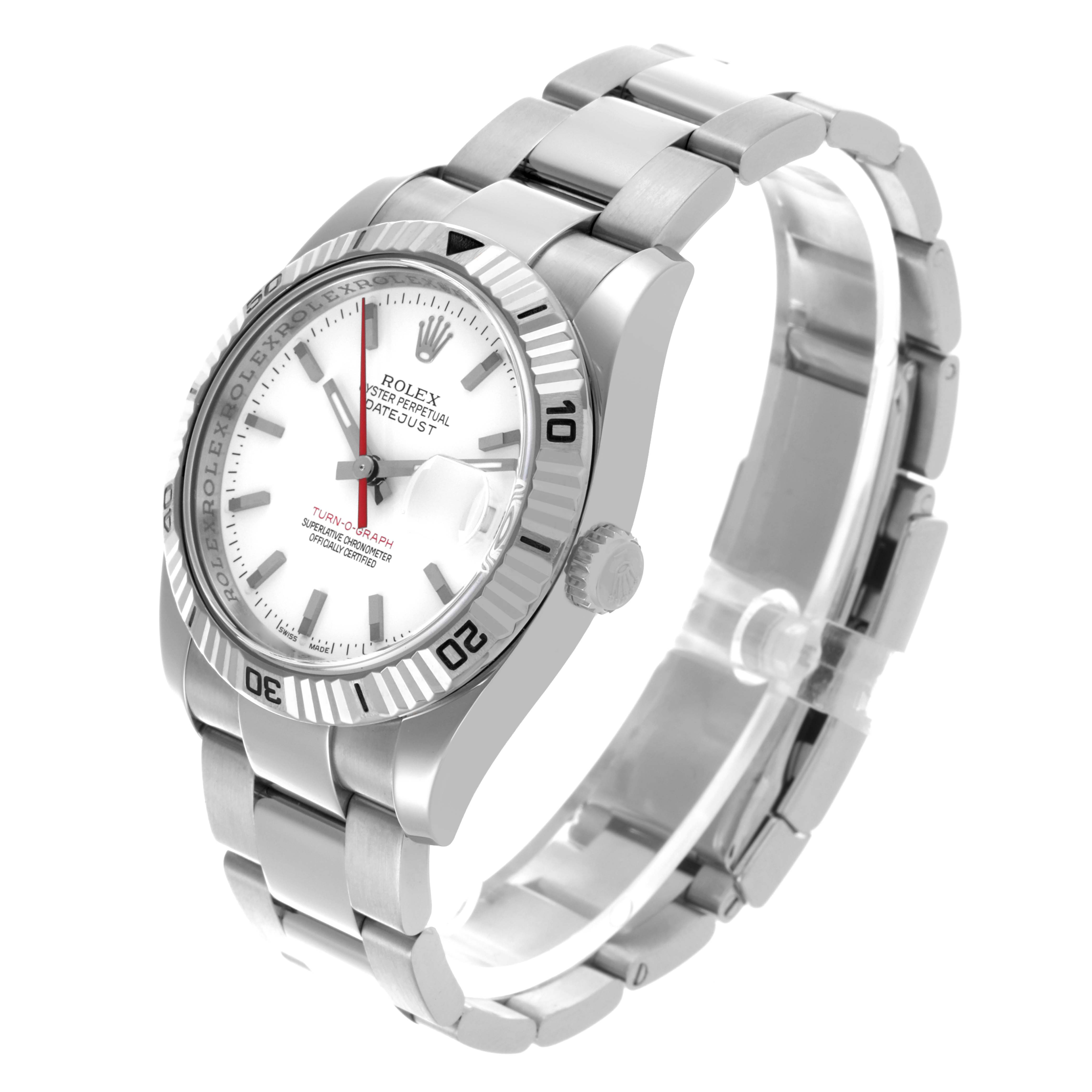 The Rolex Turn-o-Graph 116264 Men's Stainless Steel White Dial 116264 Men's Stainless Steel White Dial watch is shown at an angled view, highlighting the face, bezel, and metallic bracelet.