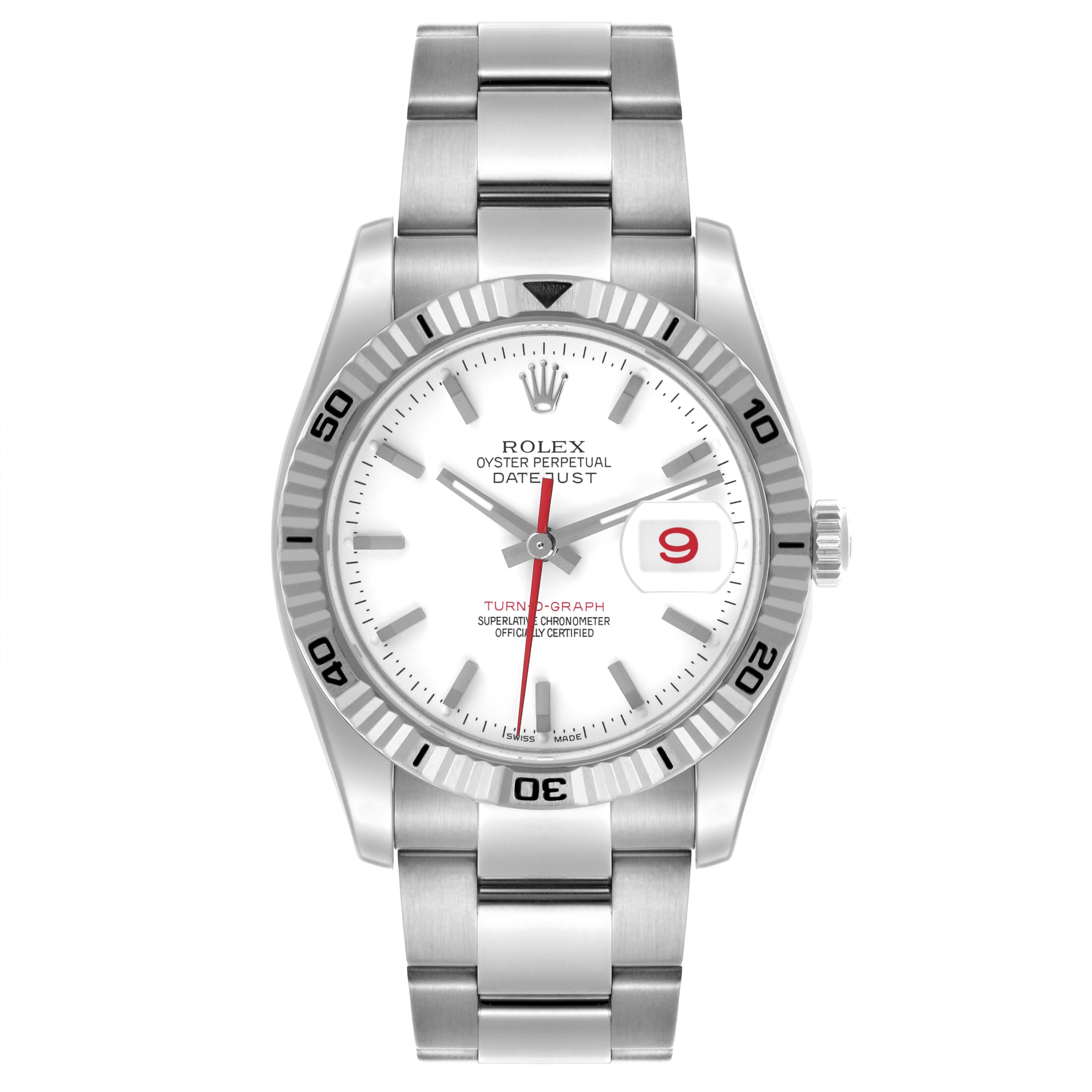 The Rolex Turn-o-Graph 116264 Men's Stainless Steel White Dial 116264 Men's Stainless Steel White Dial watch is shown from a front angle, displaying the full face, bezel, and bracelet.