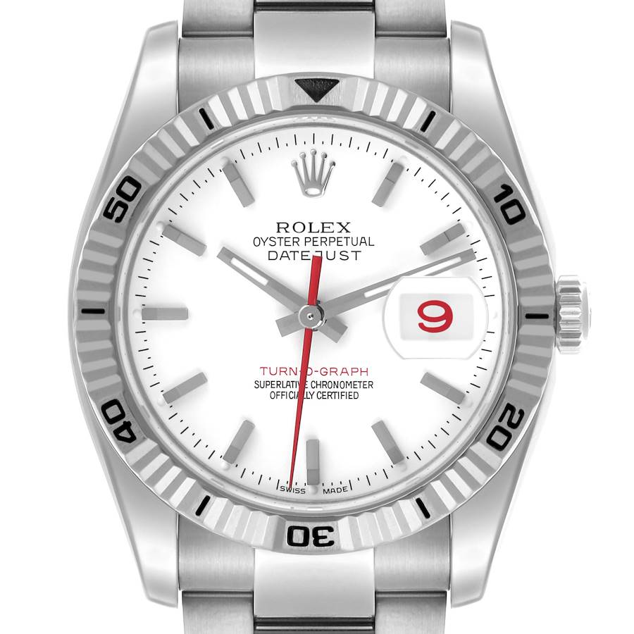 The Rolex Turn-o-Graph watch is shown from a front angle, highlighting the bezel, dial, hands, and date window.