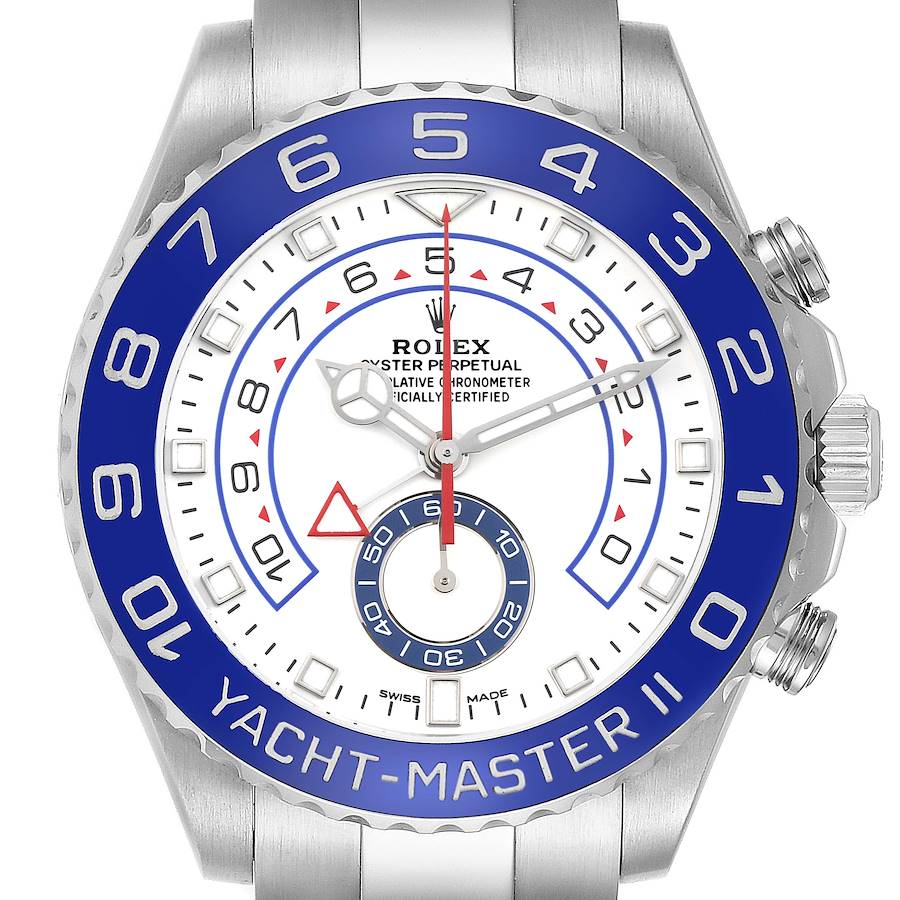 The Rolex Yacht-Master II watch is shown from a front angle, highlighting the dial, bezel, and part of the bracelet.