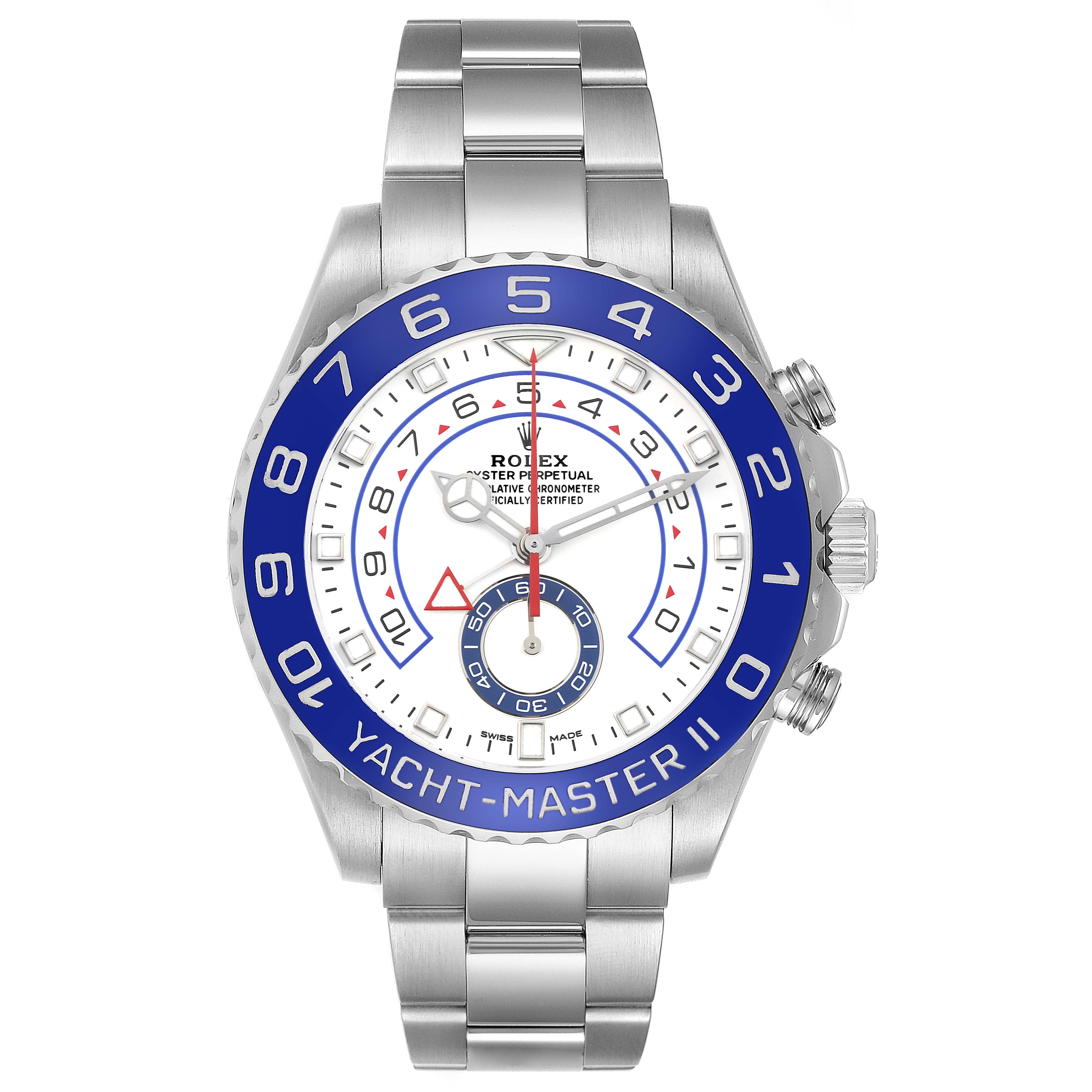 The image shows a front view of the Rolex Yacht-Master 116680 Men's Stainless Steel White Dial 116680 Men's Stainless Steel White Dial II watch, highlighting its blue bezel, white dial, and stainless steel bracelet.
