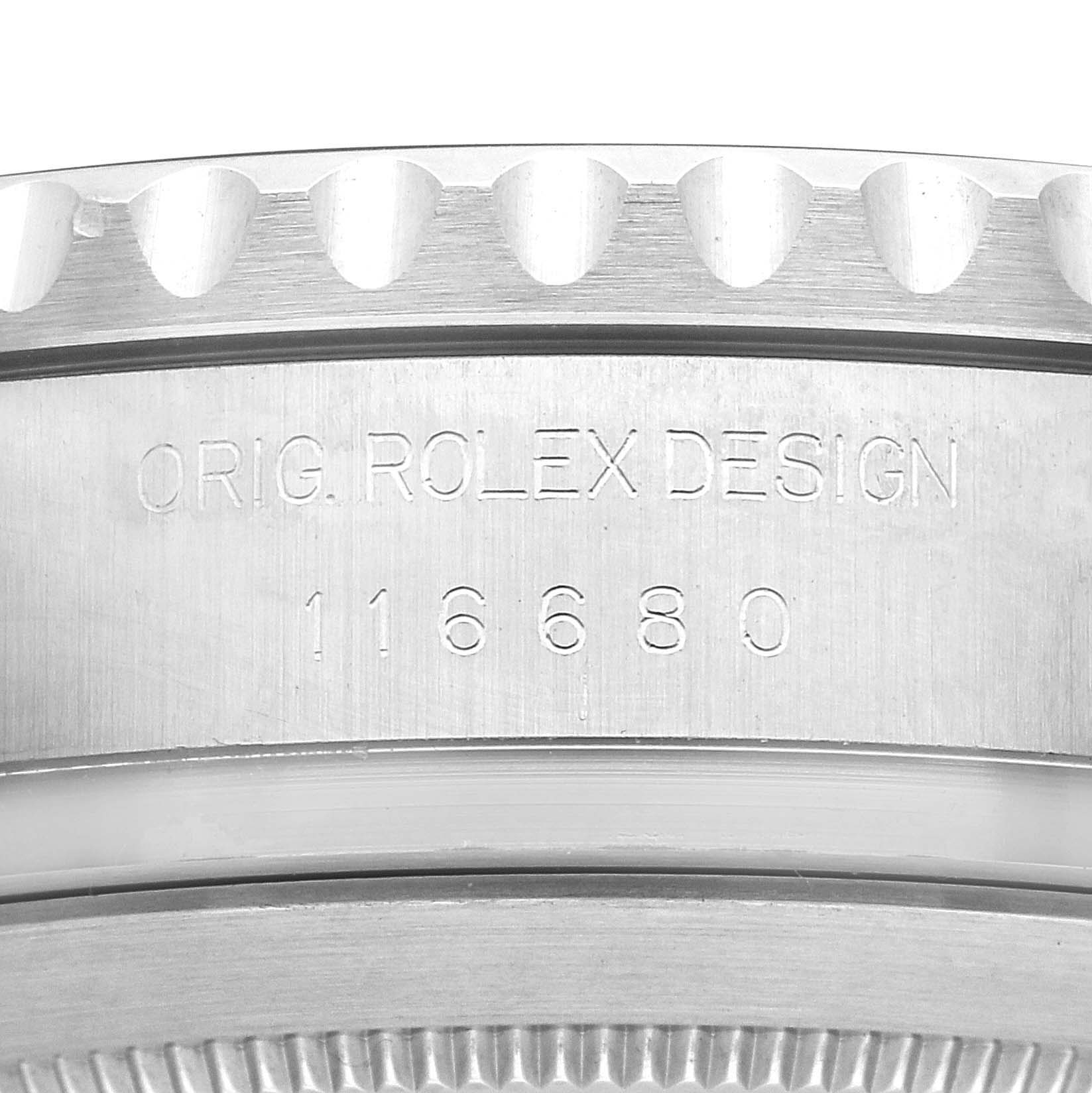 The image shows a close-up of the Rolex Yacht-Master 116680 Men's Stainless Steel White Dial 116680 Men's Stainless Steel White Dial's side, highlighting the model number engraving.