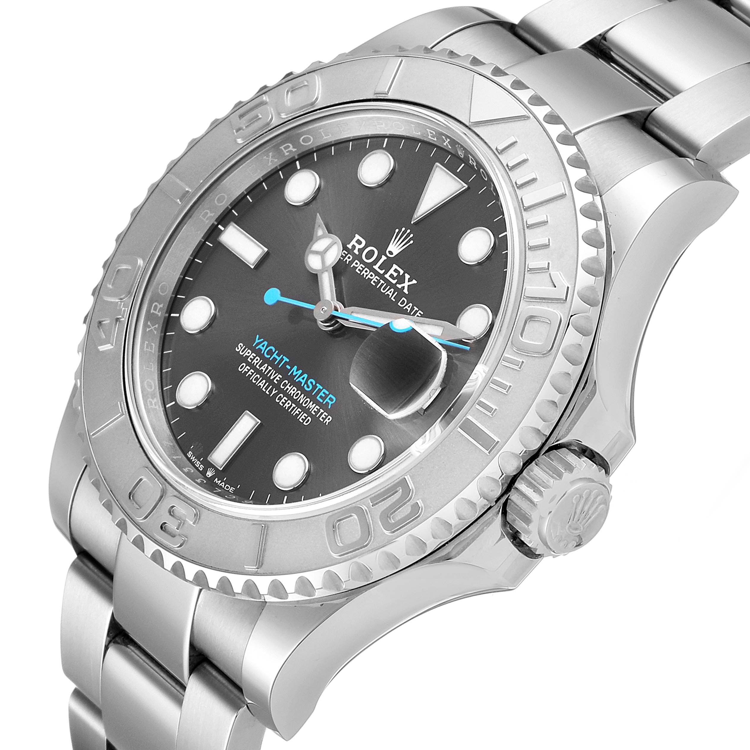 The image shows a close-up angled view of the Rolex Yacht-Master 126622 Men
s Stainless Steel Grey Dial 126622 Men
s Stainless Steel Grey Dial watch, highlighting its dial, bezel, crown, and part of the bracelet.