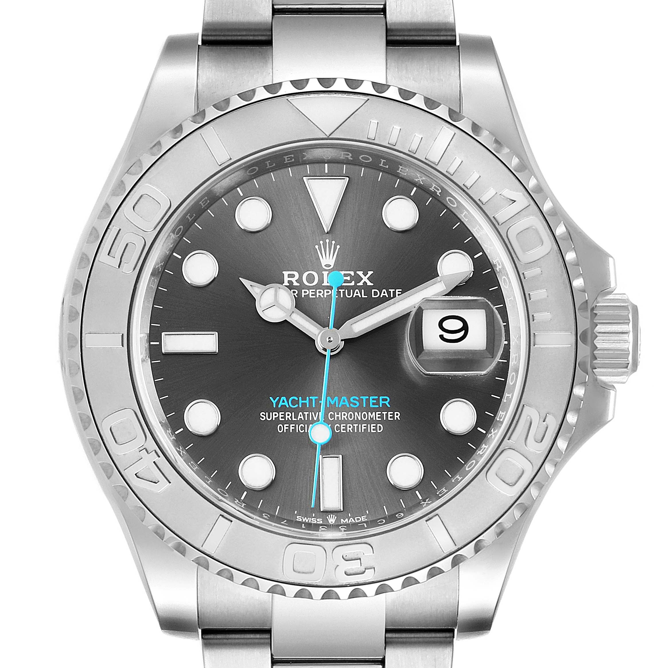 This is a front view of the Rolex Yacht-Master 126622 Men
s Stainless Steel Grey Dial 126622 Men
s Stainless Steel Grey Dial watch displaying its dial, bezel, and part of the bracelet.