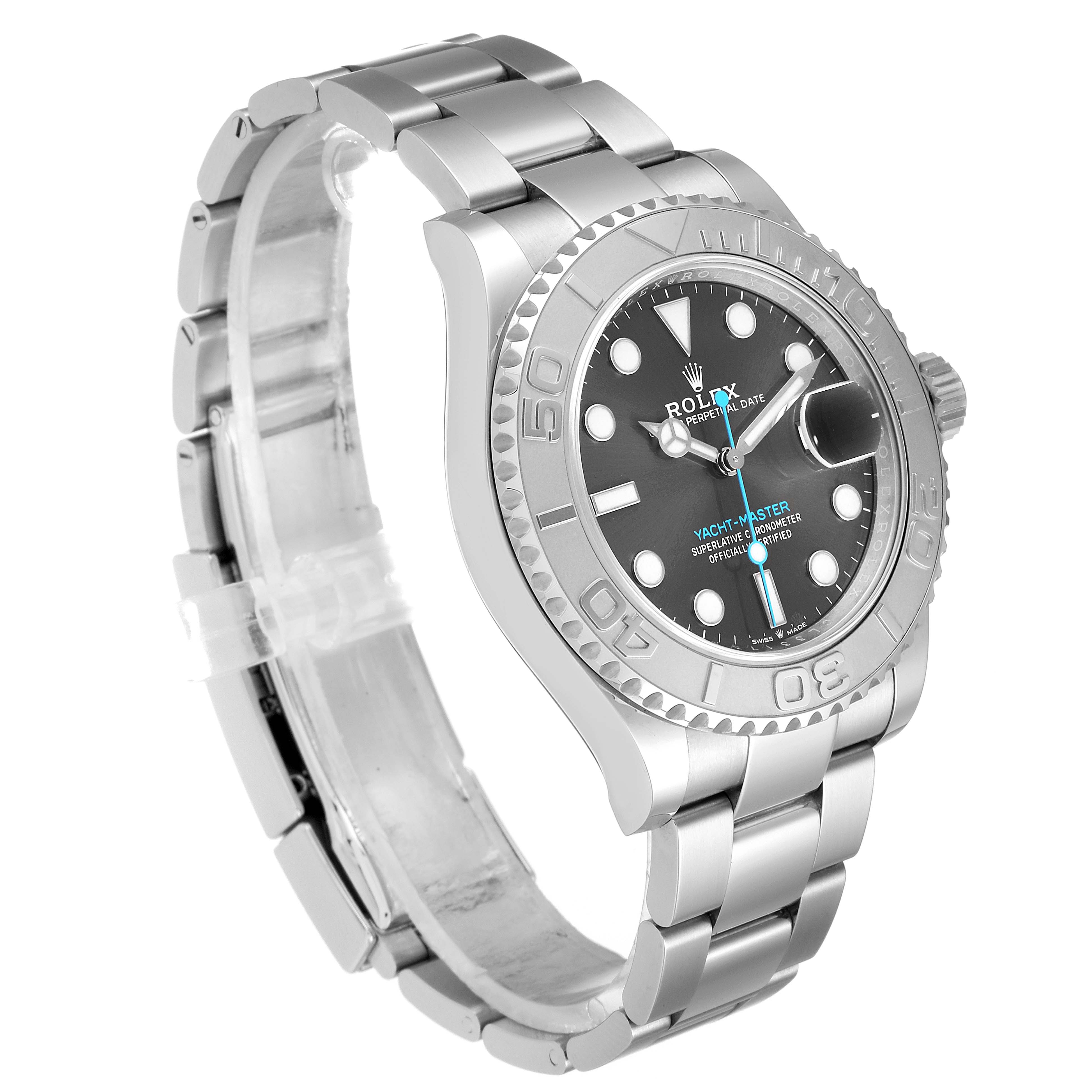 The image shows a front-side angle of the Rolex Yacht-Master 126622 Men
s Stainless Steel Grey Dial 126622 Men
s Stainless Steel Grey Dial watch, highlighting the face, bezel, and bracelet.