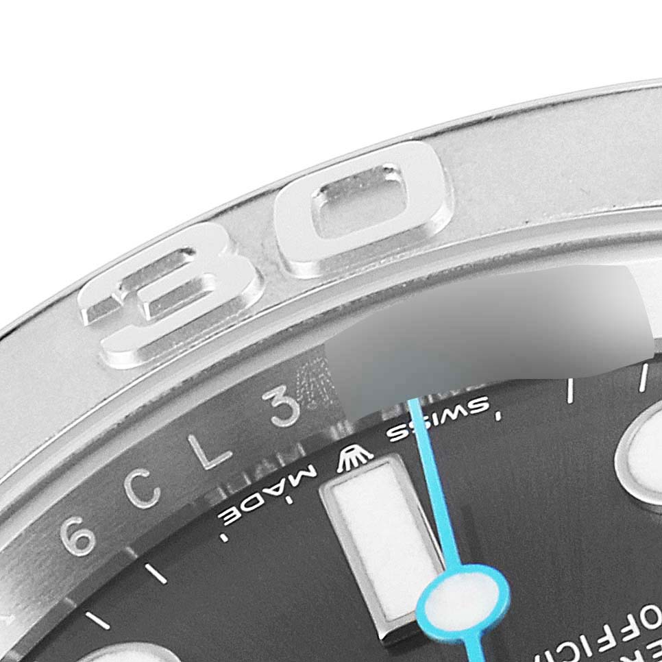 The image shows a close-up of the dial and partial bezel of a Rolex Yacht-Master 126622 Men
s Stainless Steel Grey Dial 126622 Men
s Stainless Steel Grey Dial watch, focusing on the numeral "30" and the "SWISS MADE" text.