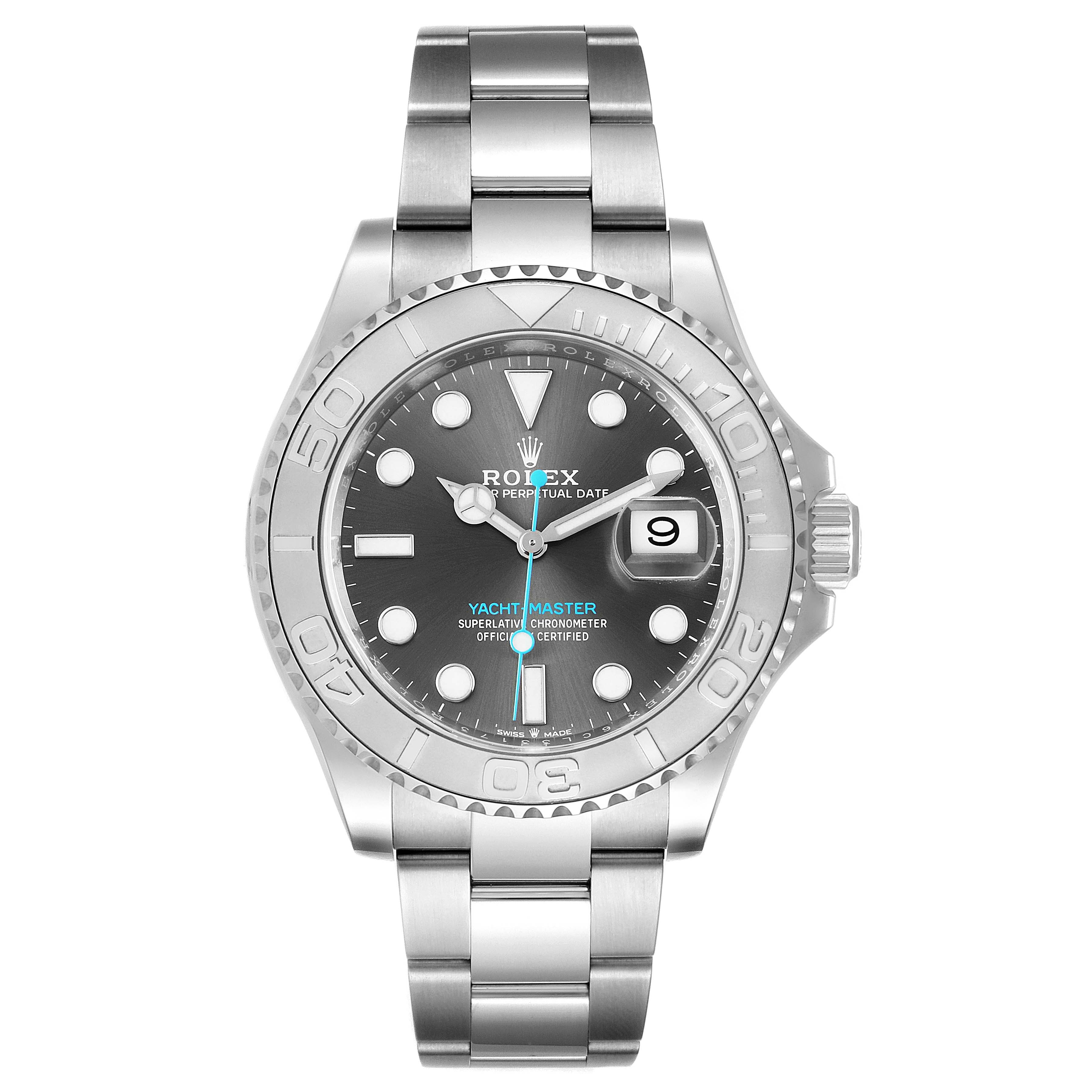 The image shows a front view of a Rolex Yacht-Master 126622 Men
s Stainless Steel Grey Dial 126622 Men
s Stainless Steel Grey Dial watch, highlighting its dial, bezel, bracelet, and crown.