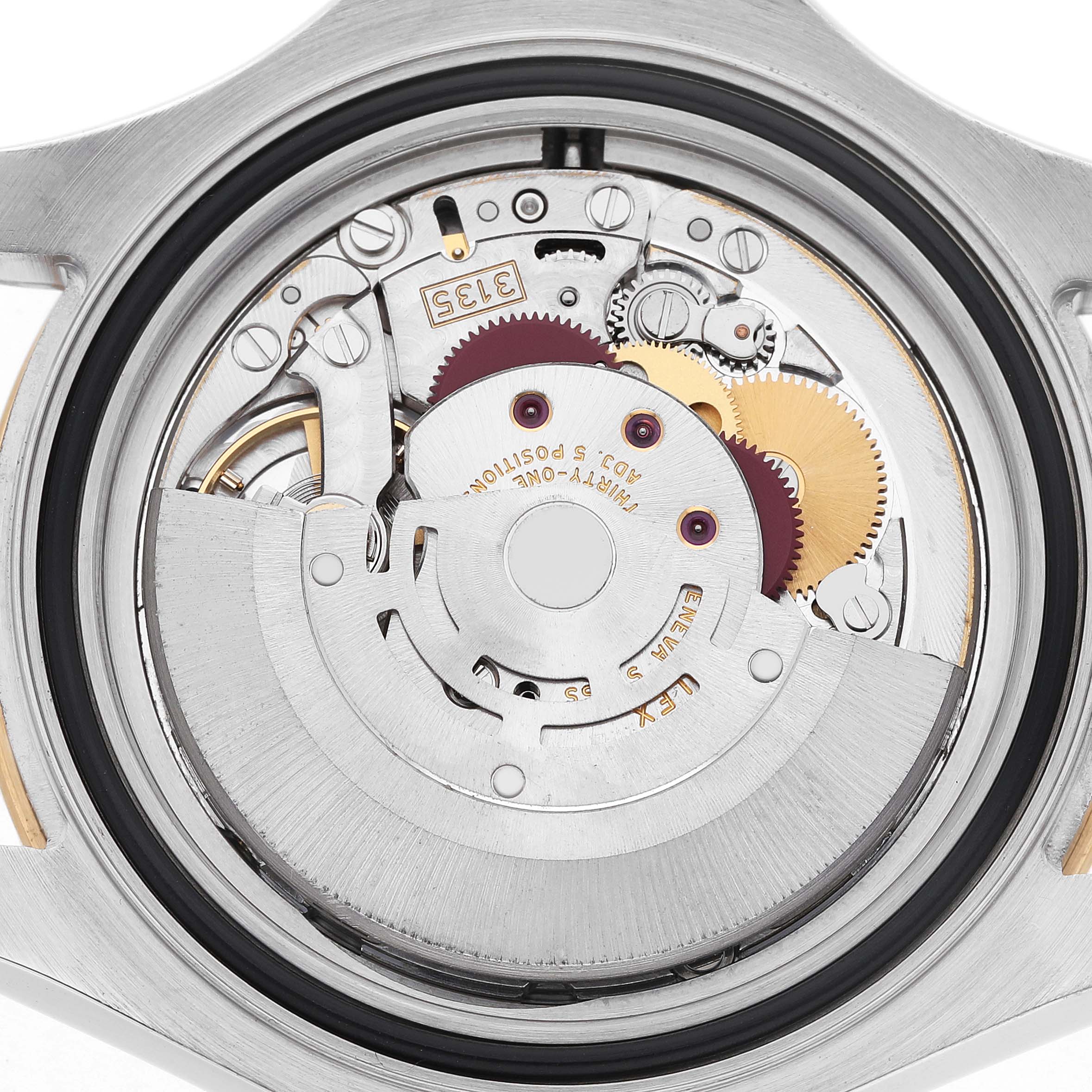 The image shows the back view of a Rolex Yacht-Master 16623 Men's Steel and Gold (two tone) White Dial watch, highlighting its intricate internal movement components.