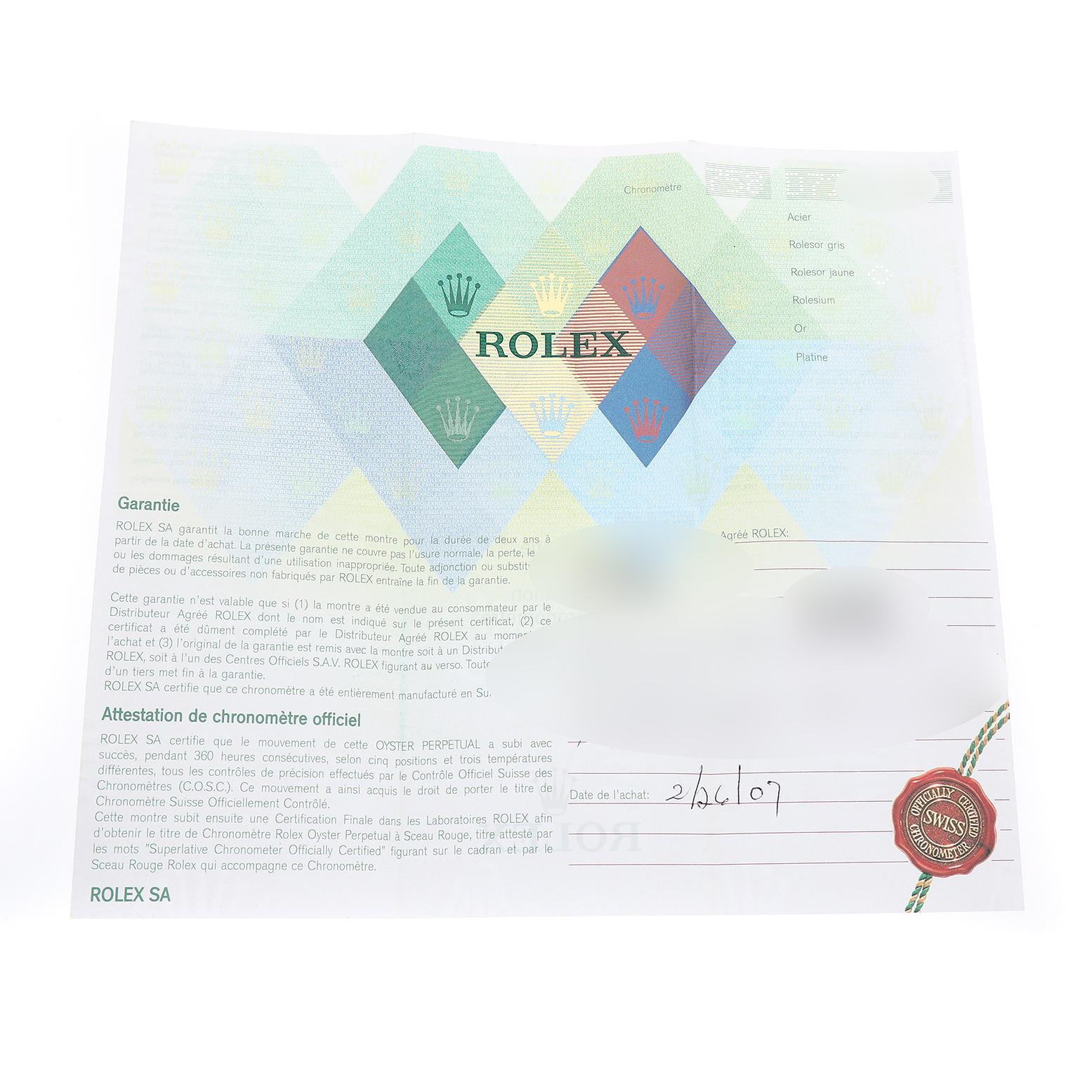 The image shows a Rolex Yacht-Master 16623 Men's Steel and Gold (two tone) White Dial warranty card featuring the brand's logo and text details.