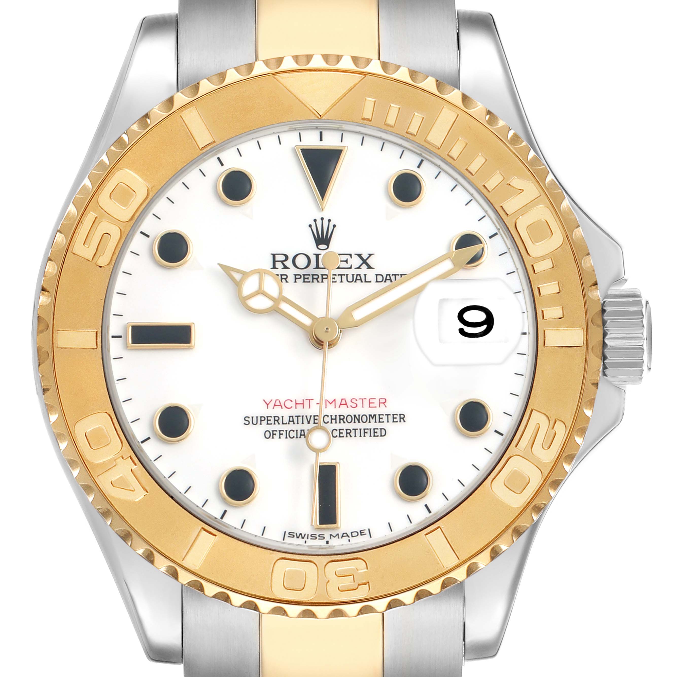 The Rolex Yacht-Master 16623 Men's Steel and Gold (two tone) White Dial watch is shown from the front, highlighting its gold bezel, white dial, and date window.
