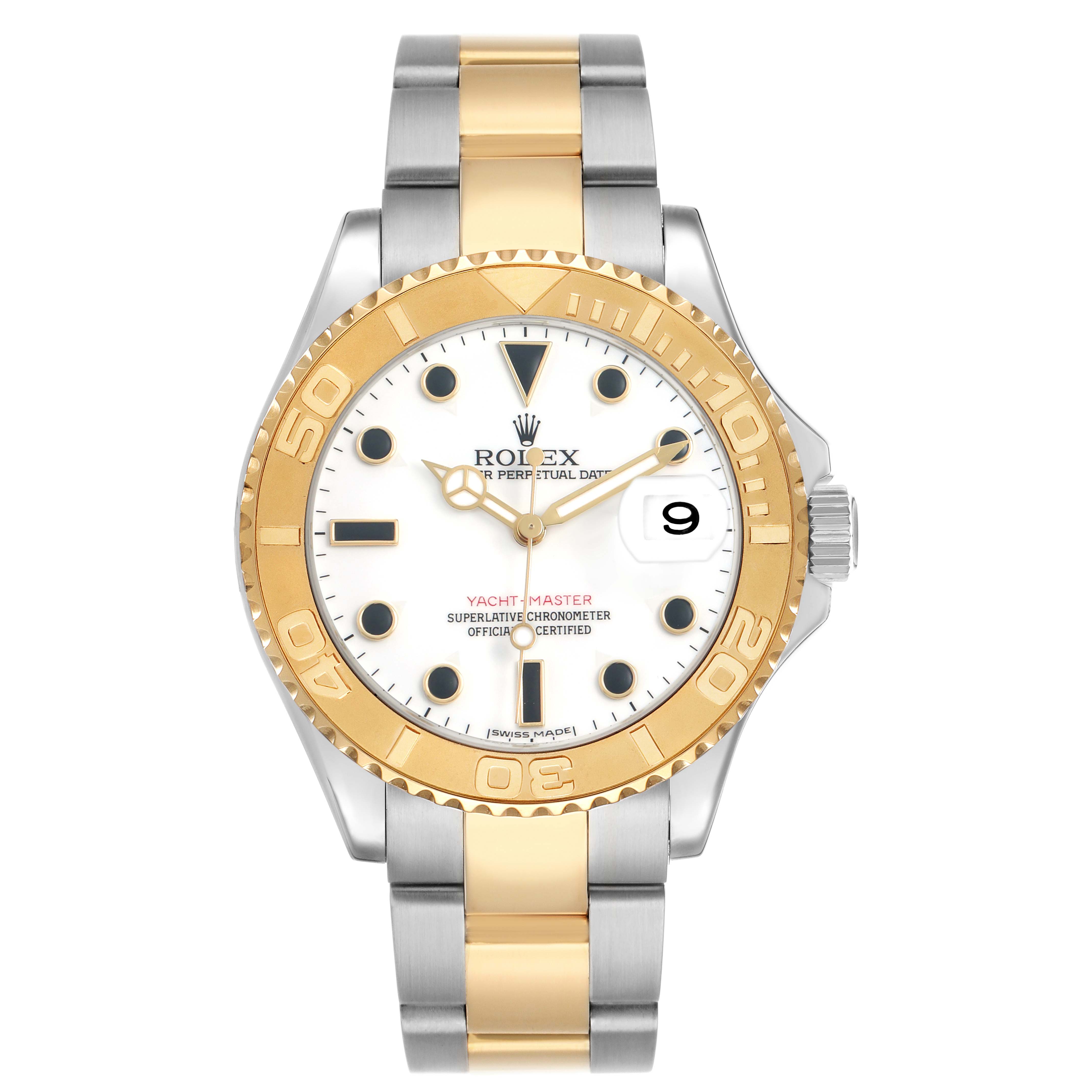 The Rolex Yacht-Master 16623 Men's Steel and Gold (two tone) White Dial is shown from a front angle, highlighting the dial, bezel, and bracelet.