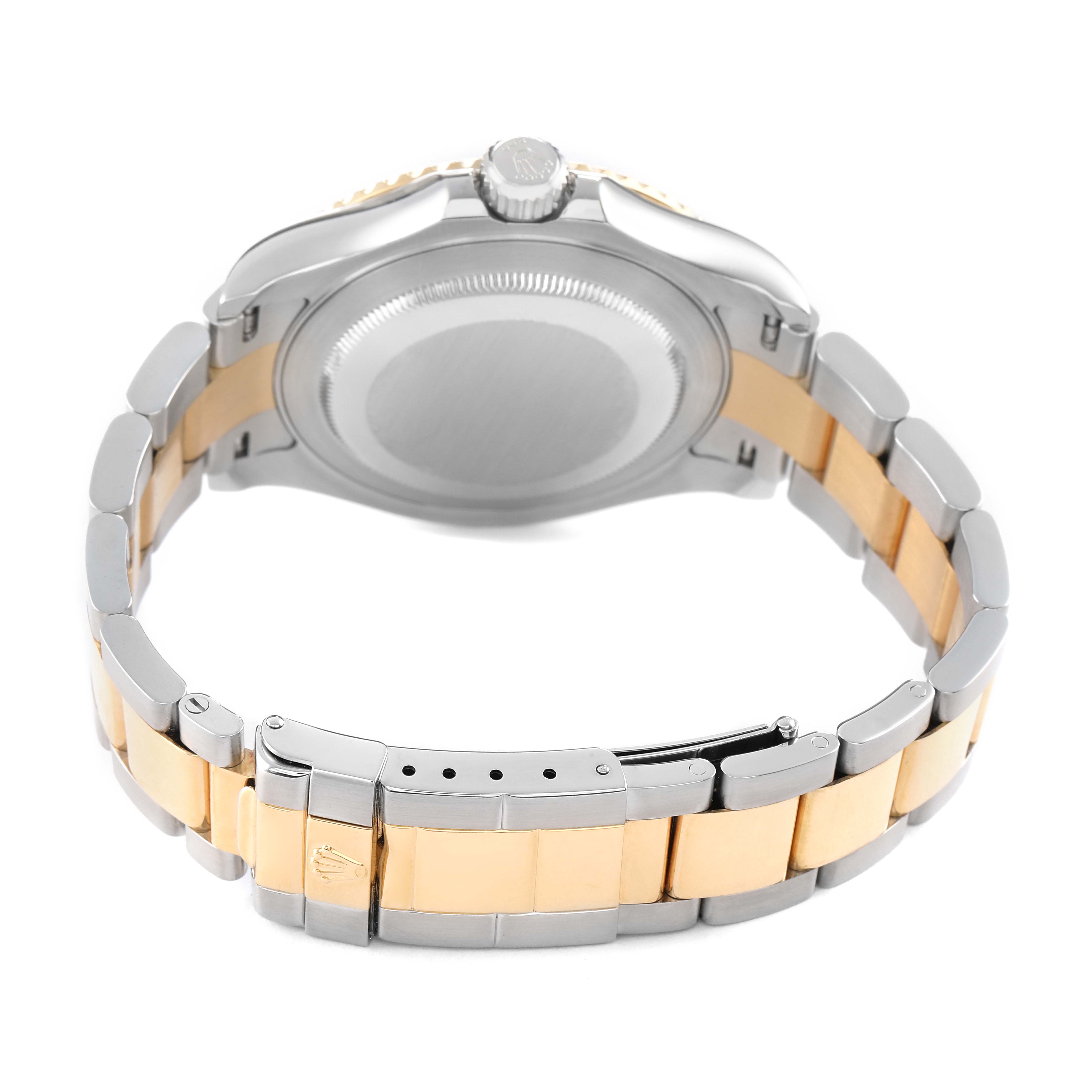 The image shows the Rolex Yacht-Master 16623 Men's Steel and Gold (two tone) White Dial from the back, highlighting the case, crown, and two-tone bracelet.