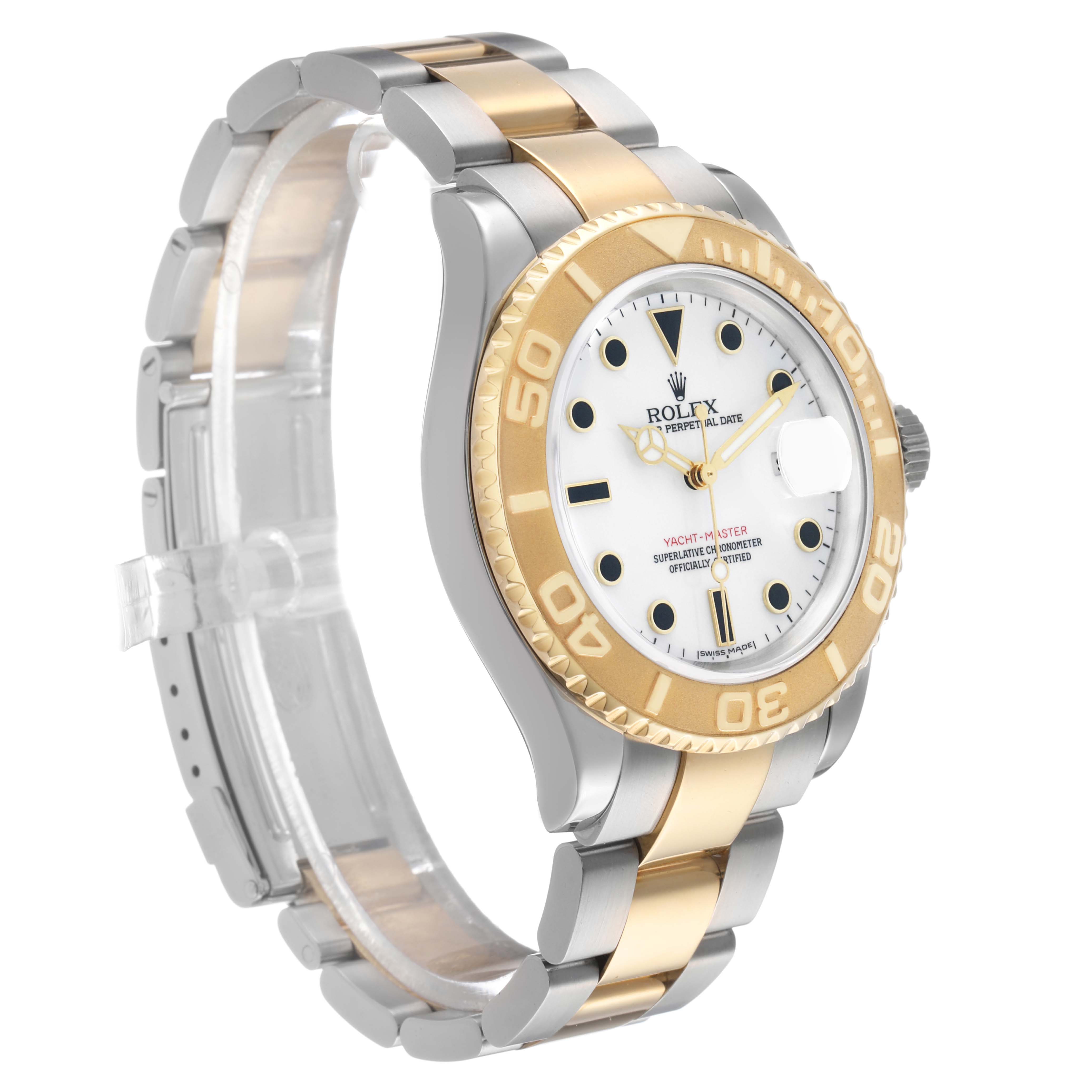 The image shows a Rolex Yacht-Master 16623 Men's Steel and Gold (two tone) White Dial watch at a three-quarter angle, displaying the face, bezel, and two-tone bracelet.
