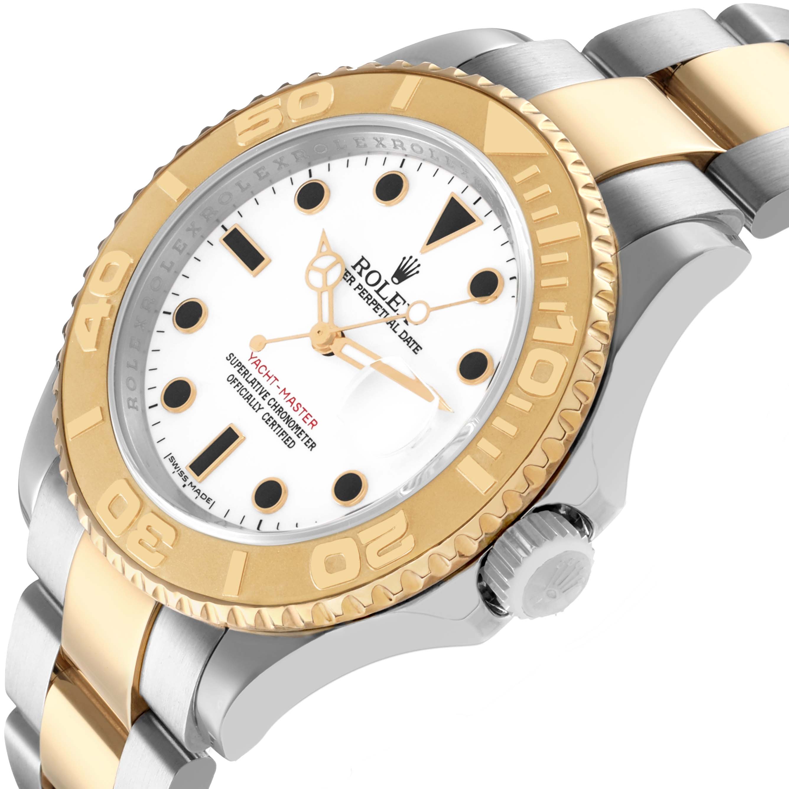 The image shows a Rolex Yacht-Master 16623 Men's Steel and Gold (two tone) White Dial at an angle highlighting the bezel, crown, dial, and part of the bracelet.