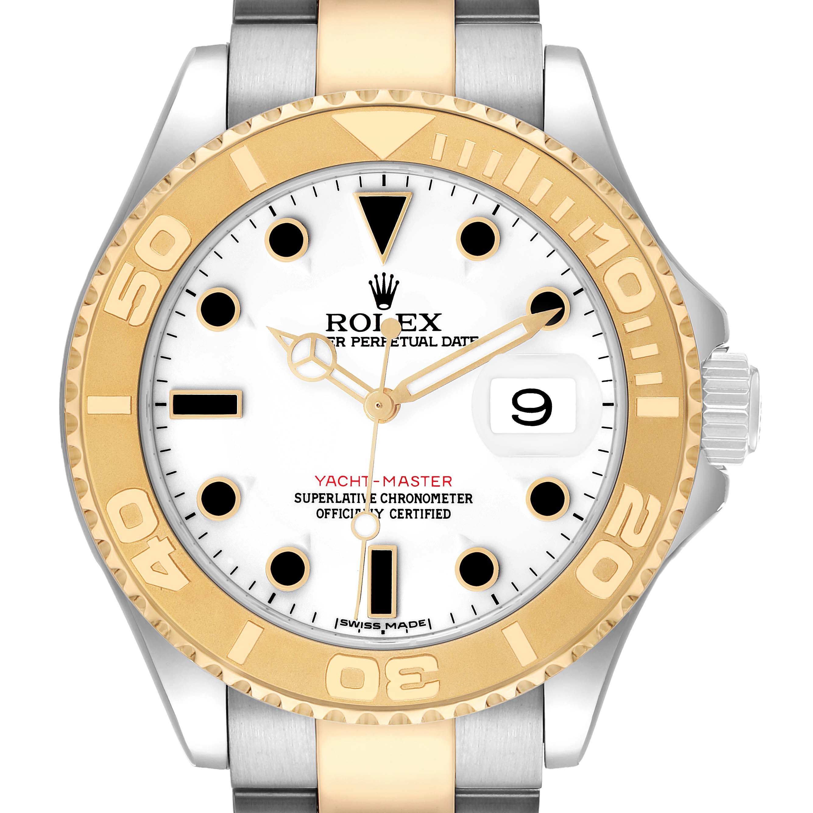 The Rolex Yacht-Master 16623 Men's Steel and Gold (two tone) White Dial watch is shown from a front angle, highlighting the bezel, dial, hands, and bracelet.
