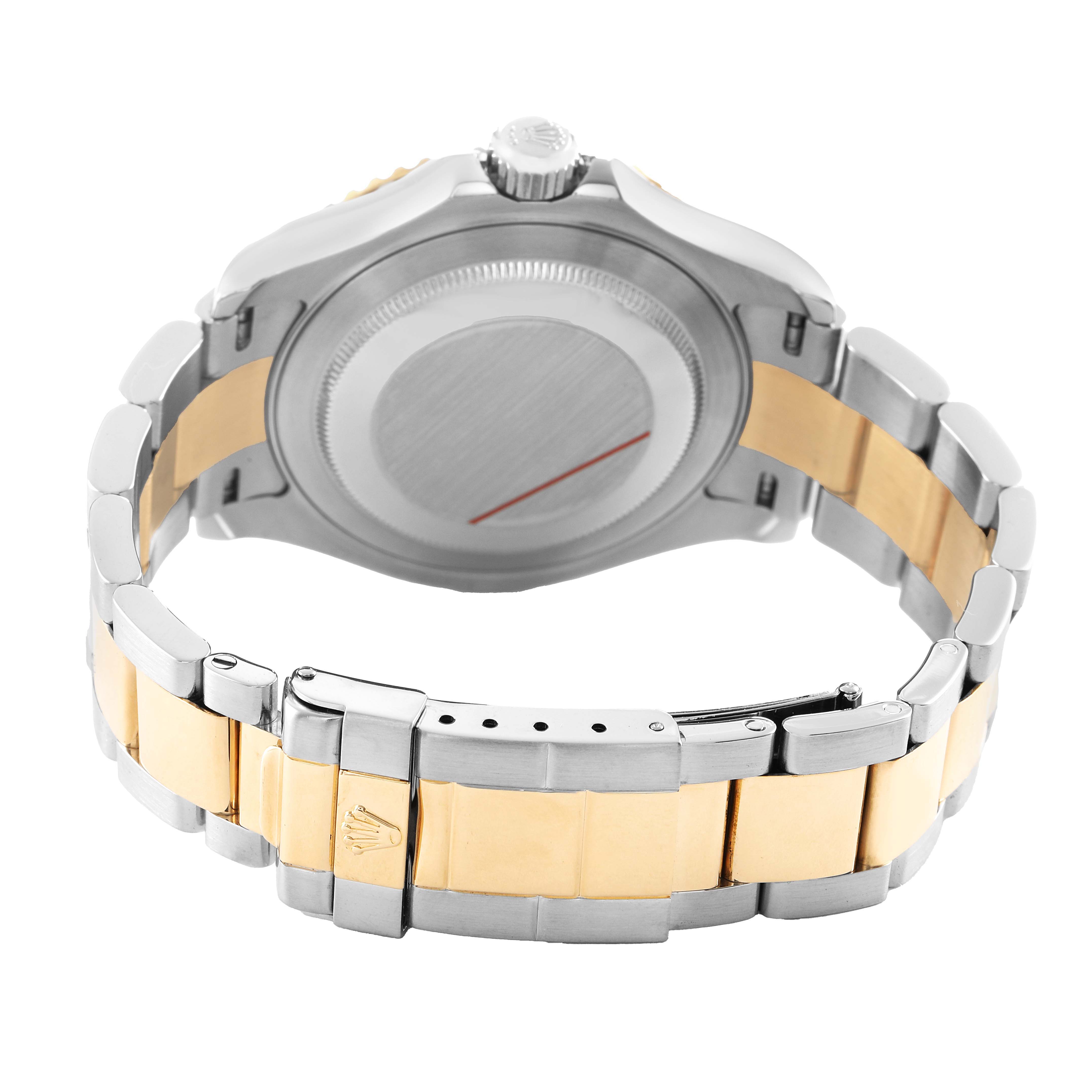 This image shows the back of the Rolex Yacht-Master 16623 Men's Steel and Gold (two tone) White Dial watch focusing on the case back and two-tone bracelet clasp.