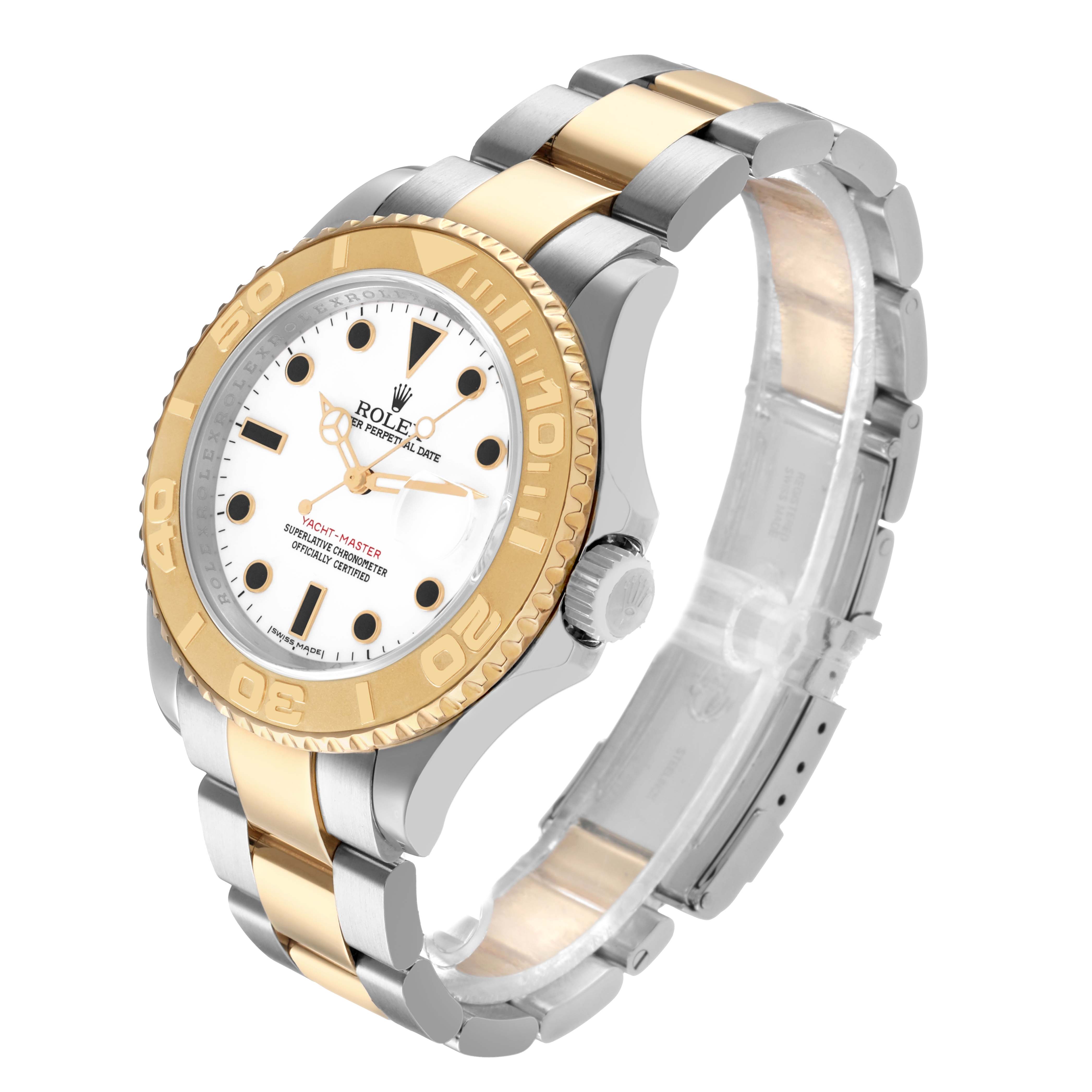 The Rolex Yacht-Master 16623 Men's Steel and Gold (two tone) White Dial watch is shown at a tilted angle highlighting the bezel, dial, case, crown, and bracelet.