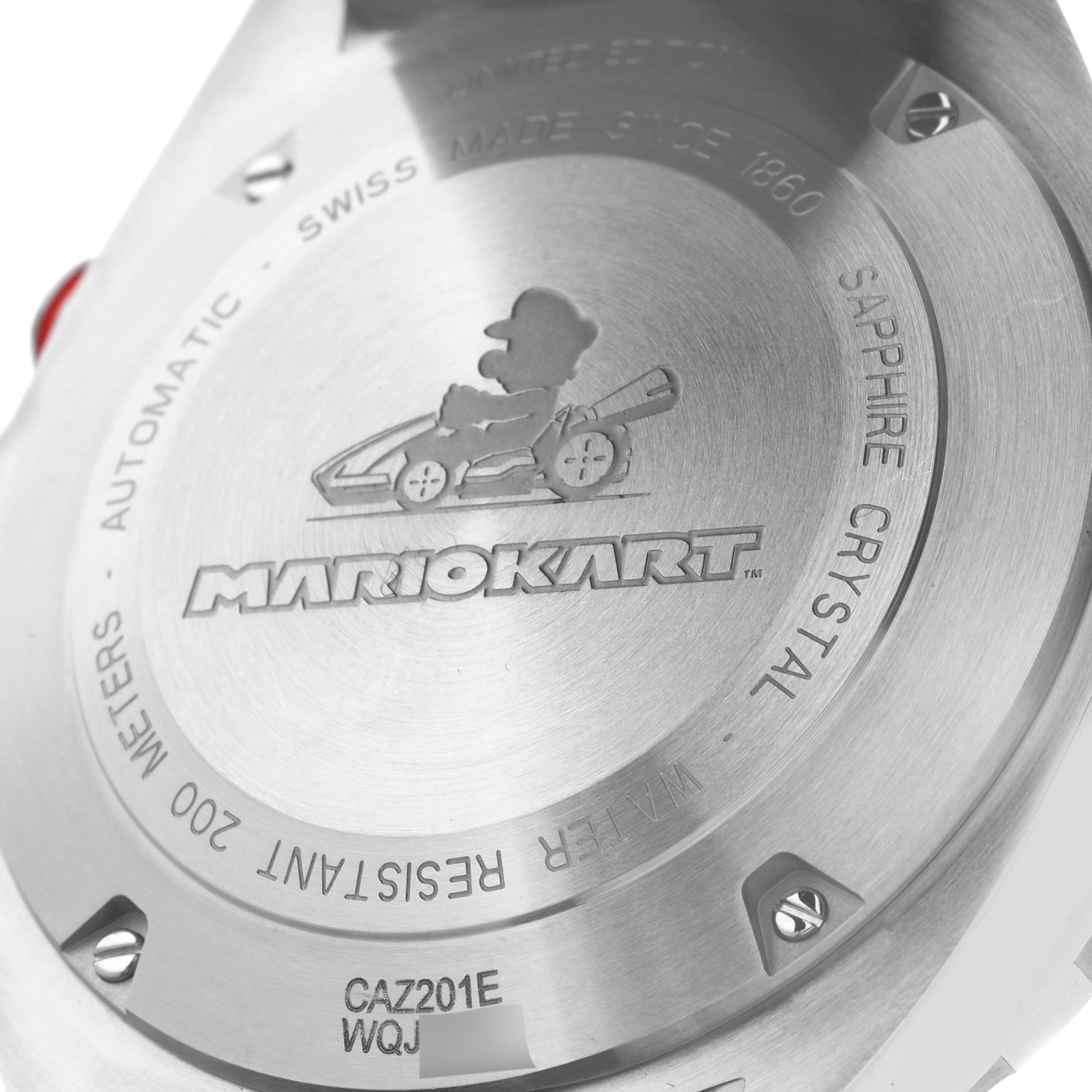 The image shows the back of a Tag Heuer CAZ201E.FC6517 Men
s Stainless Steel Black Dial CAZ201E.FC6517 Men
s Stainless Steel Black Dial Formula 1 Mario Kart Limited Edition watch, highlighting the engraving and model number CAZ201E.