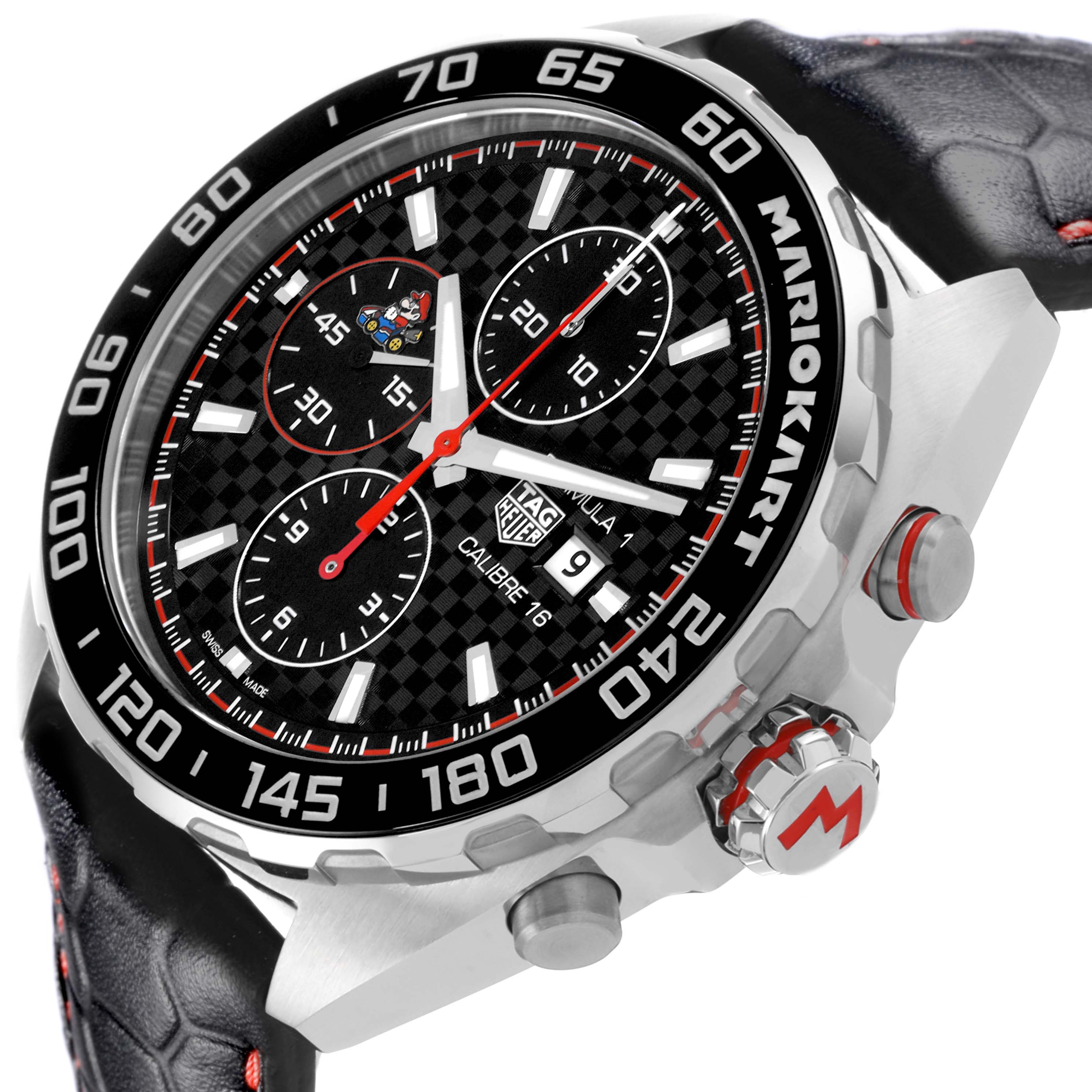 The Tag Heuer CAZ201E.FC6517 Men
s Stainless Steel Black Dial CAZ201E.FC6517 Men
s Stainless Steel Black Dial Formula 1 Mario Kart Limited Edition watch is shown at an angled view, highlighting the dial, bezel, and crown.