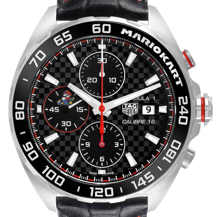 The Tag Heuer Formula 1 Mario Kart Limited Edition watch is shown from the front, highlighting its dial, bezel, and pushers.