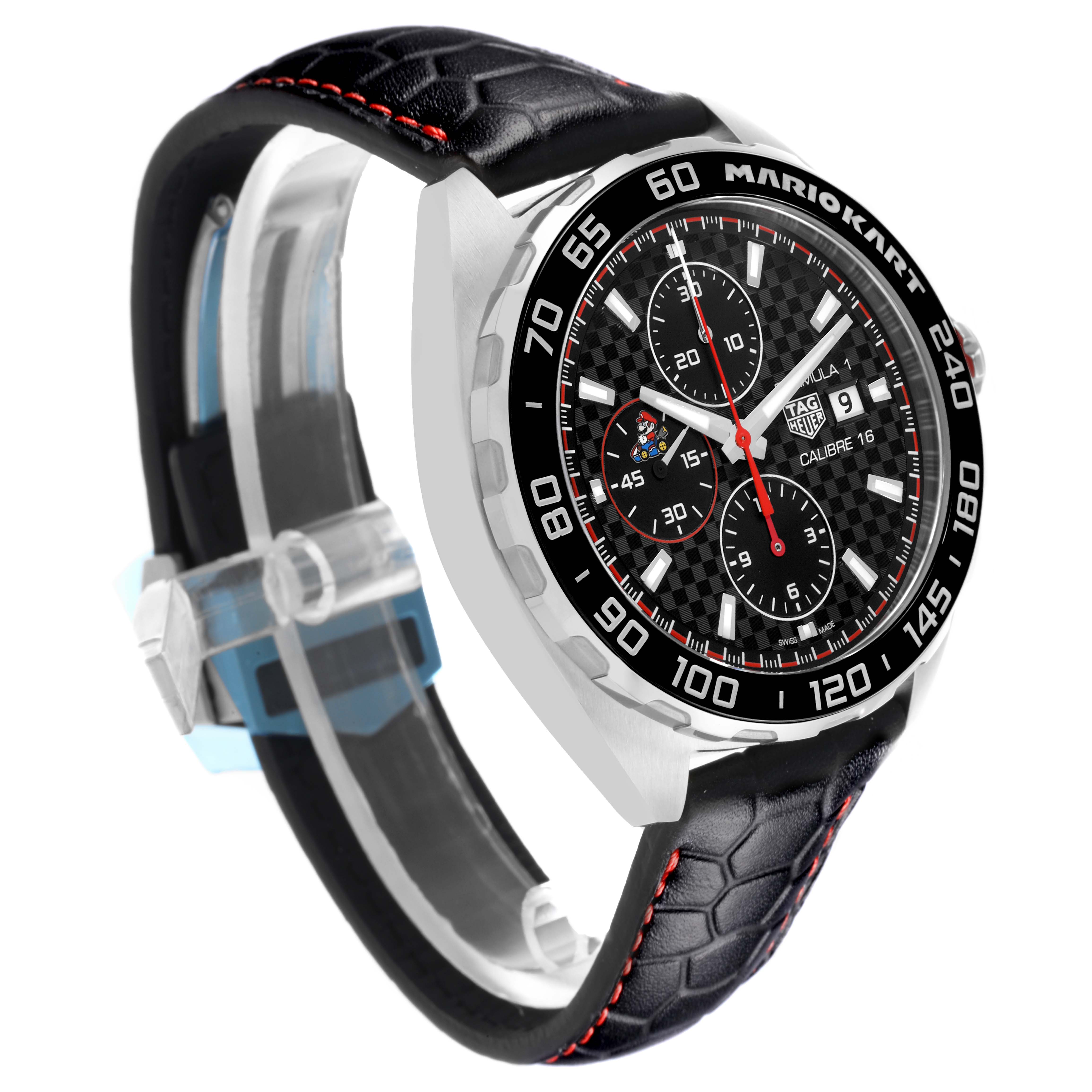 The Tag Heuer CAZ201E.FC6517 Men
s Stainless Steel Black Dial CAZ201E.FC6517 Men
s Stainless Steel Black Dial Formula 1 Mario Kart Edition is shown at a three-quarter angle, highlighting the face, bezel, and leather strap.