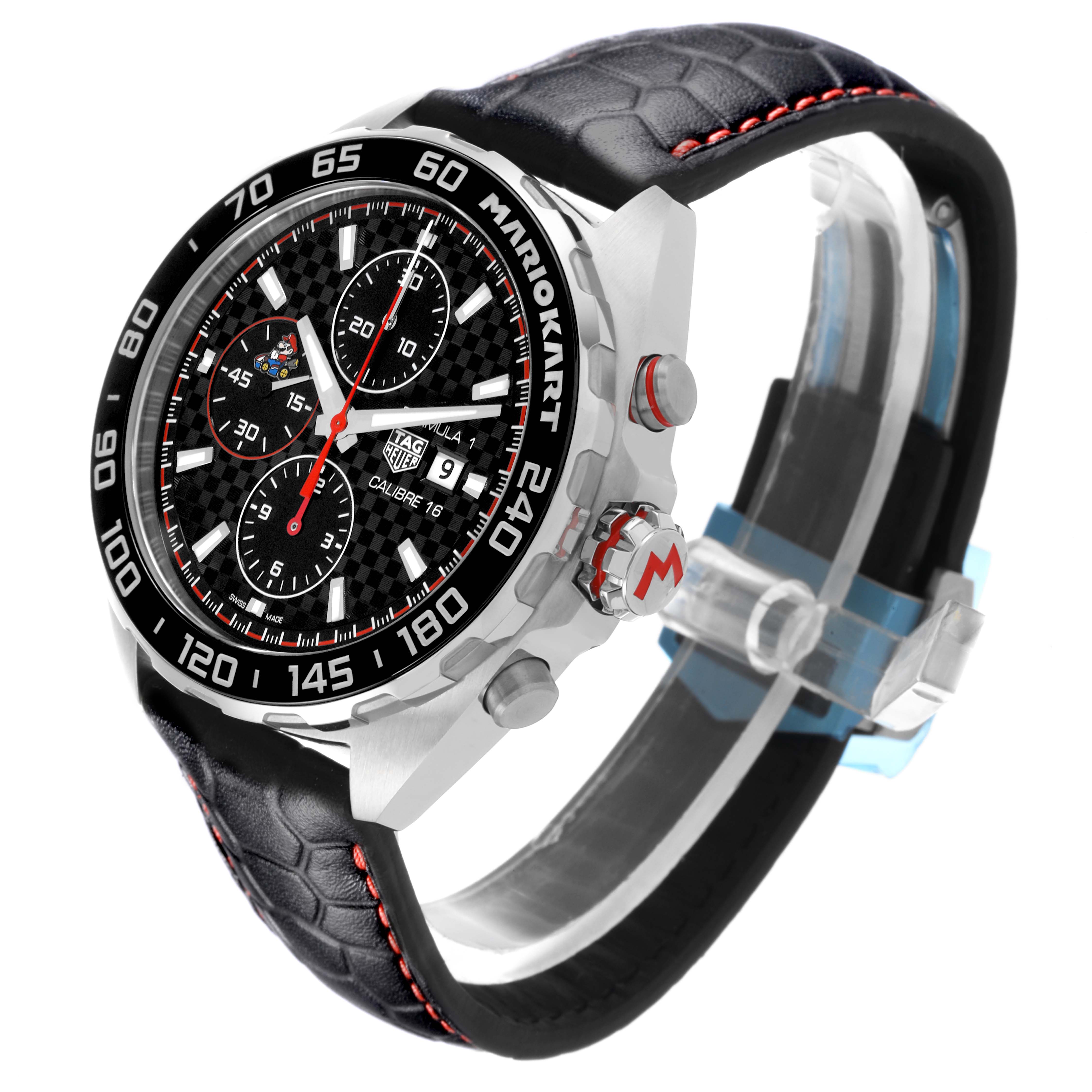 The Tag Heuer CAZ201E.FC6517 Men
s Stainless Steel Black Dial CAZ201E.FC6517 Men
s Stainless Steel Black Dial Formula 1 Mario Kart watch is shown at an angled side view, highlighting the bezel, crown, and strap.