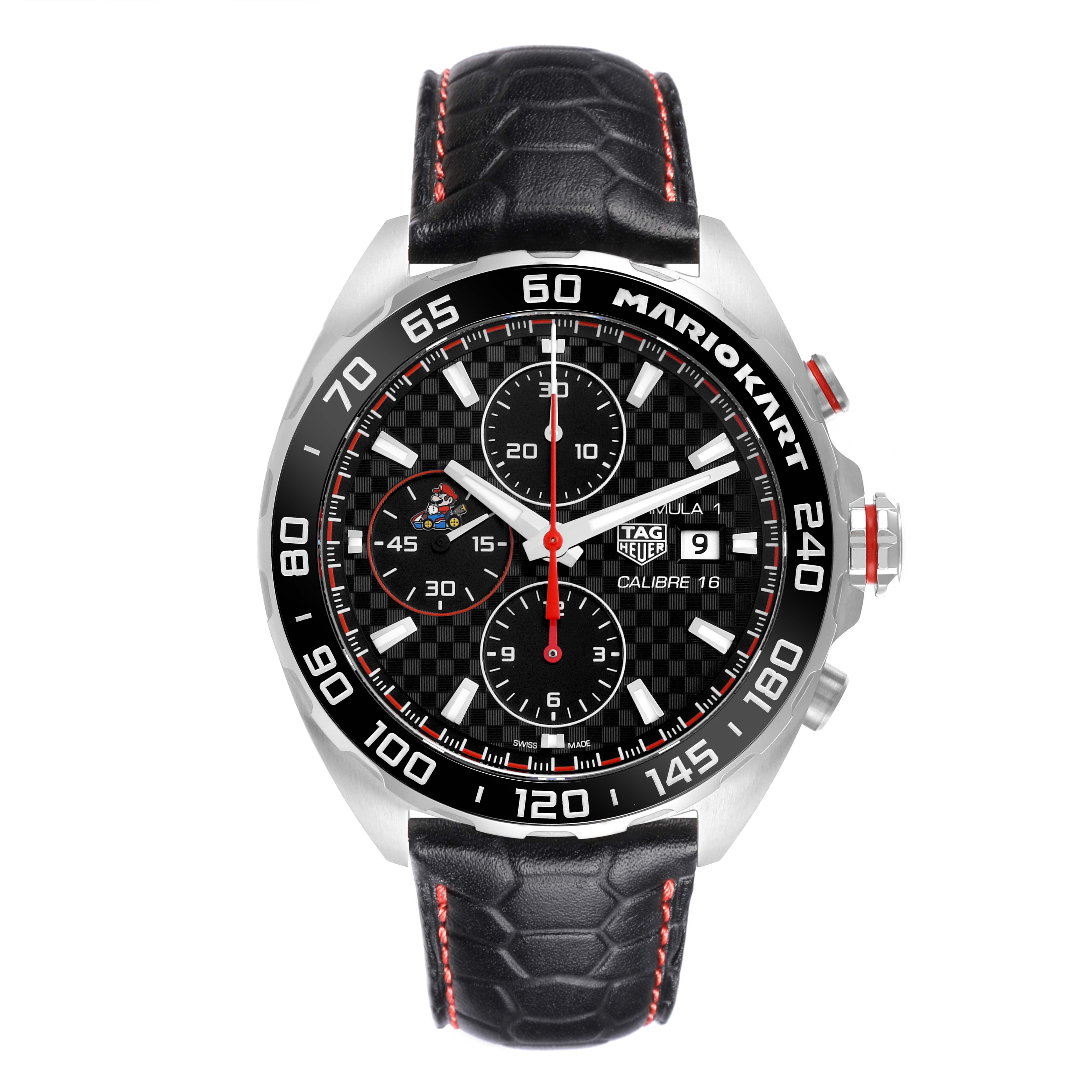 The Tag Heuer CAZ201E.FC6517 Men
s Stainless Steel Black Dial CAZ201E.FC6517 Men
s Stainless Steel Black Dial Formula 1 Mario Kart Limited Edition watch is shown from a front angle, highlighting its black and red details and Mario Kart branding on the bezel.