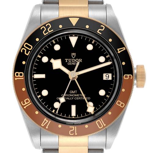 The image shows a frontal view of the Tudor Heritage Black Bay watch, displaying the dial, bezel, and crown.