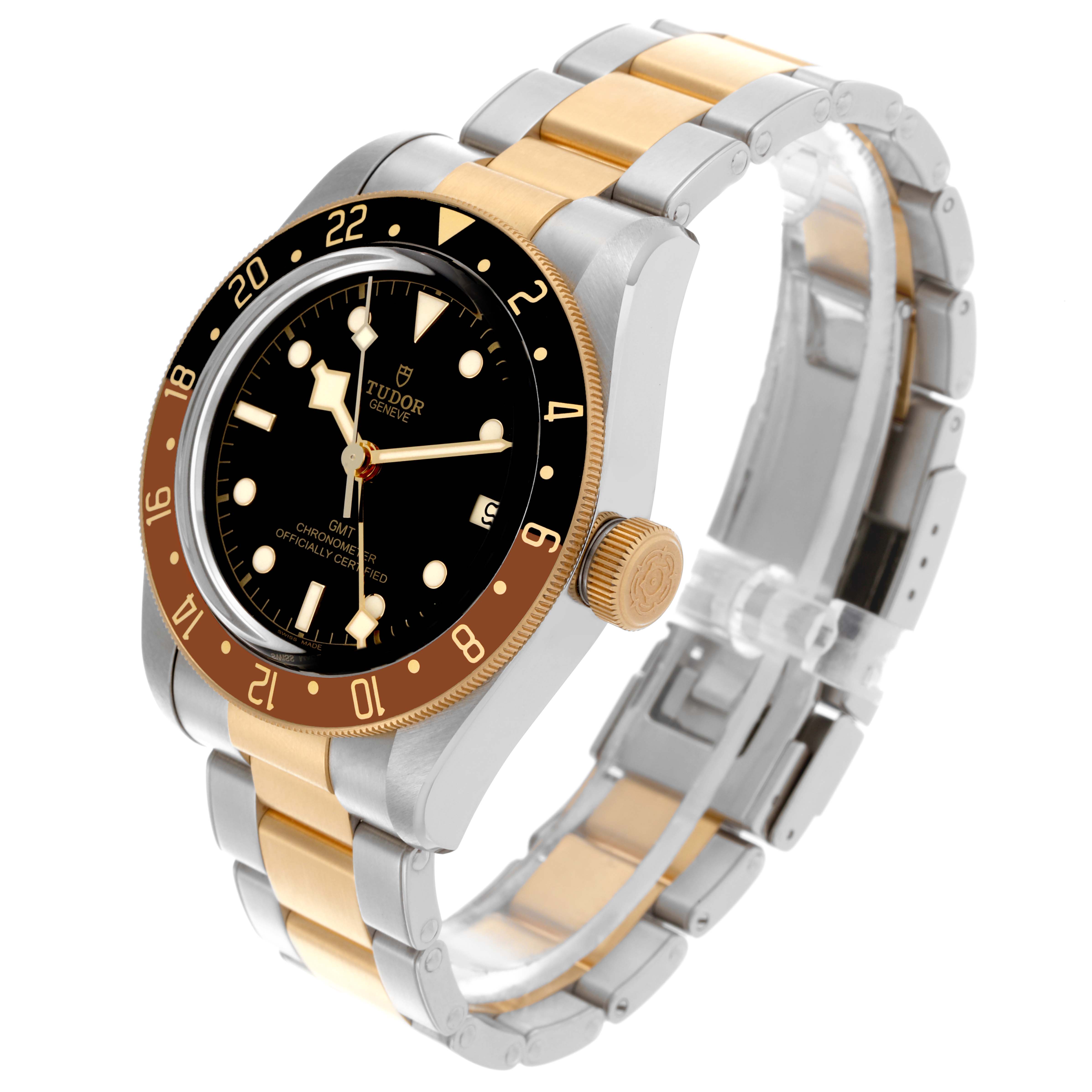 The image shows the Tudor Heritage Black Bay 79833MN Men's Steel and Gold (two tone) Black Dial 79833MN Men's Steel and Gold (two tone) Black Dial watch angled from the front-left, highlighting the bezel, dial, crown, and bracelet.