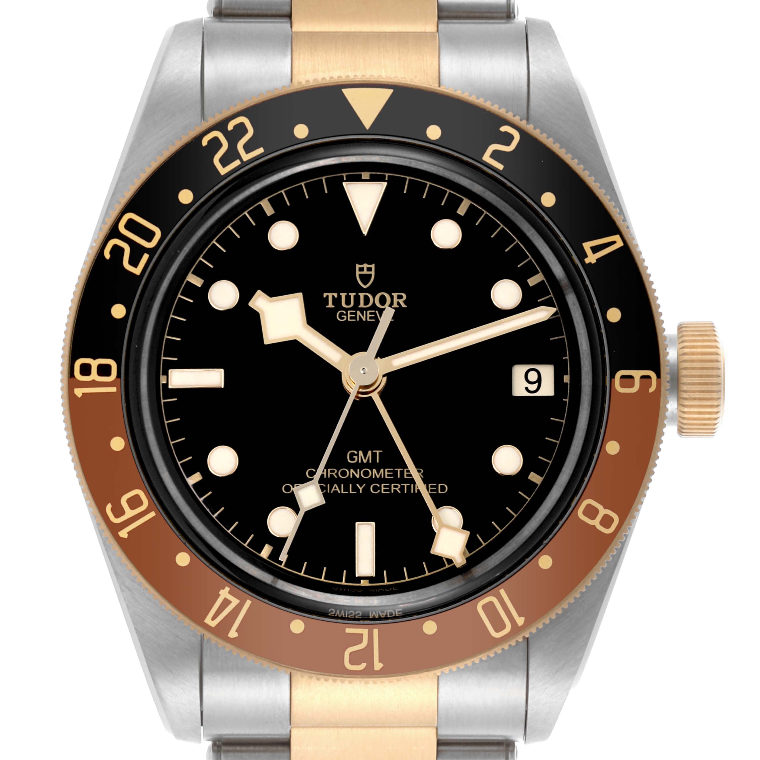 The Tudor Heritage Black Bay 79833MN Men's Steel and Gold (two tone) Black Dial 79833MN Men's Steel and Gold (two tone) Black Dial watch is shown from the front, displaying its bi-color bezel, dial, and partial bracelet.