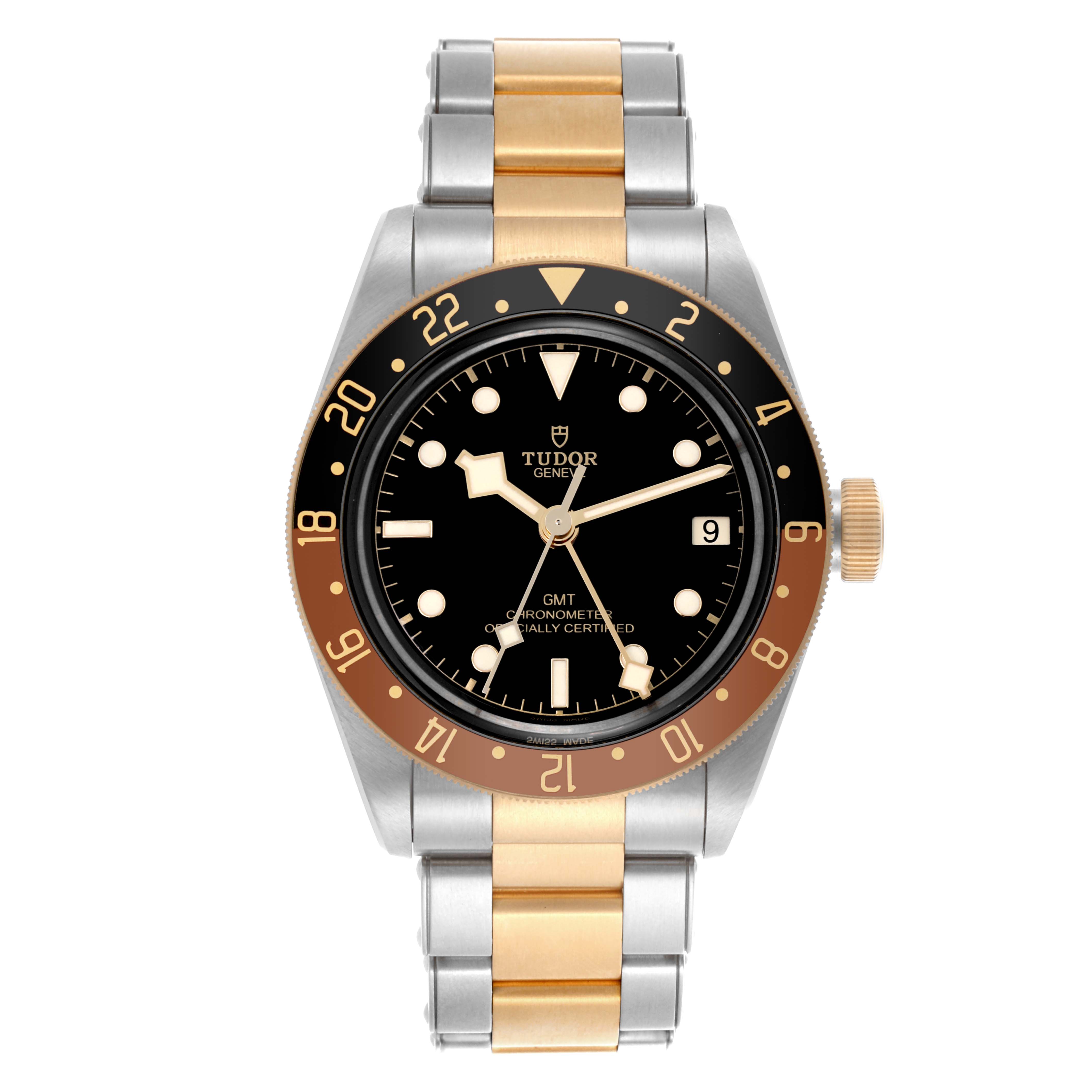 The Tudor Heritage Black Bay 79833MN Men's Steel and Gold (two tone) Black Dial 79833MN Men's Steel and Gold (two tone) Black Dial watch is shown from the front, highlighting the bezel, dial, hands, and two-tone bracelet.