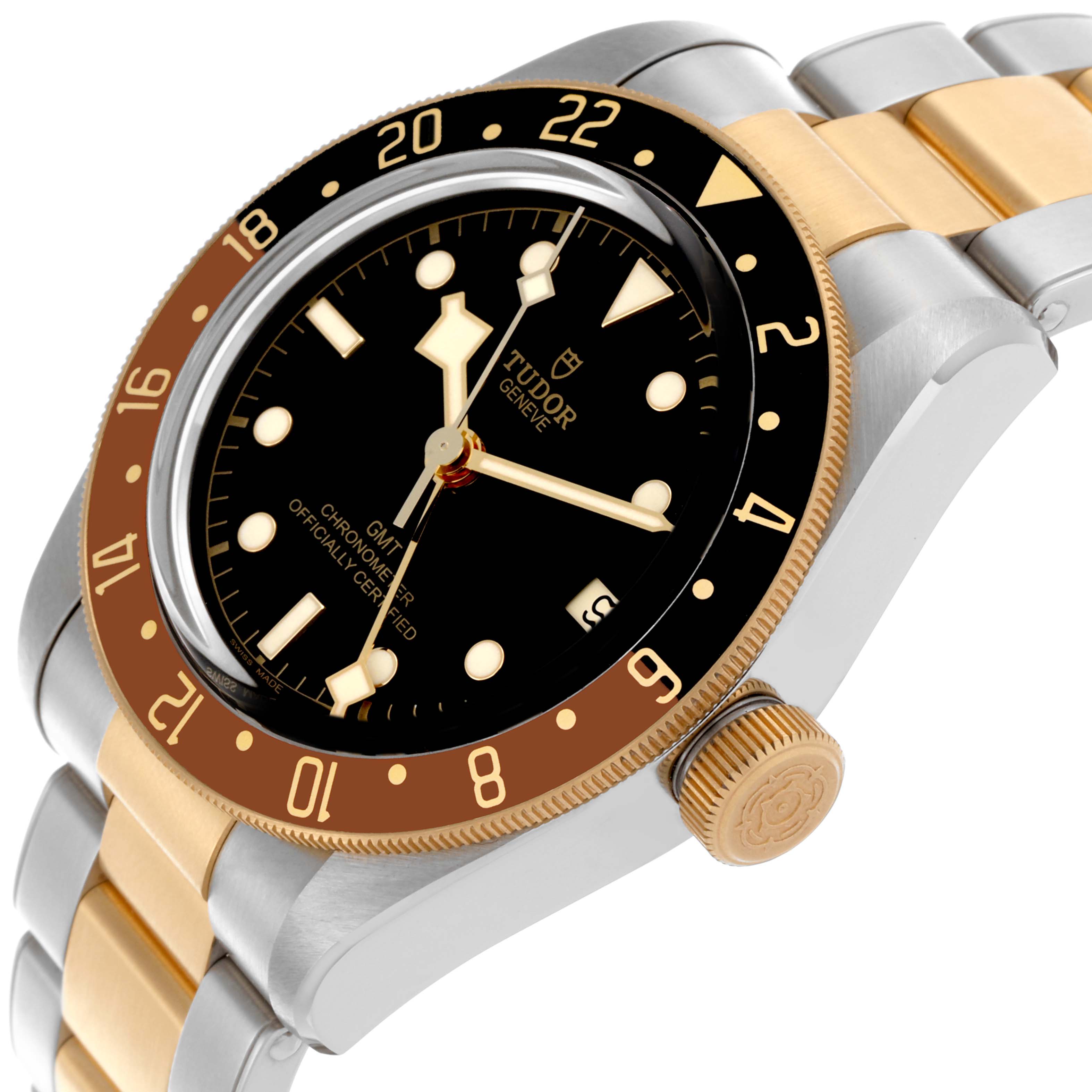 The Tudor Heritage Black Bay 79833MN Men's Steel and Gold (two tone) Black Dial 79833MN Men's Steel and Gold (two tone) Black Dial watch is shown at an angled view highlighting the face, bezel, bracelet, and crown.