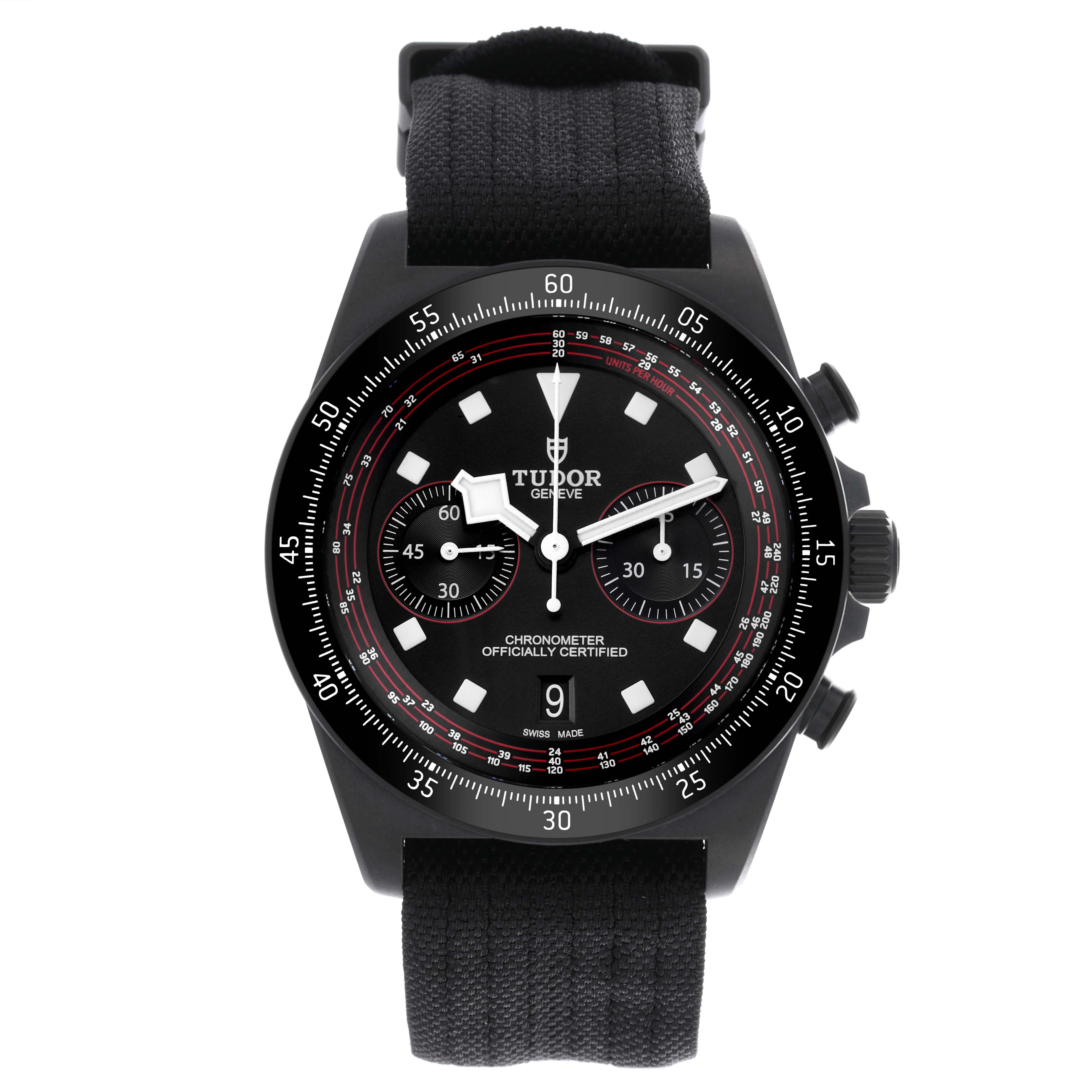The Tudor Pelagos 25827KN Men
s Ceramic Black Dial 25827KN Men
s Ceramic Black Dial watch is shown from a front angle, highlighting the black dial, subdials, and fabric strap.