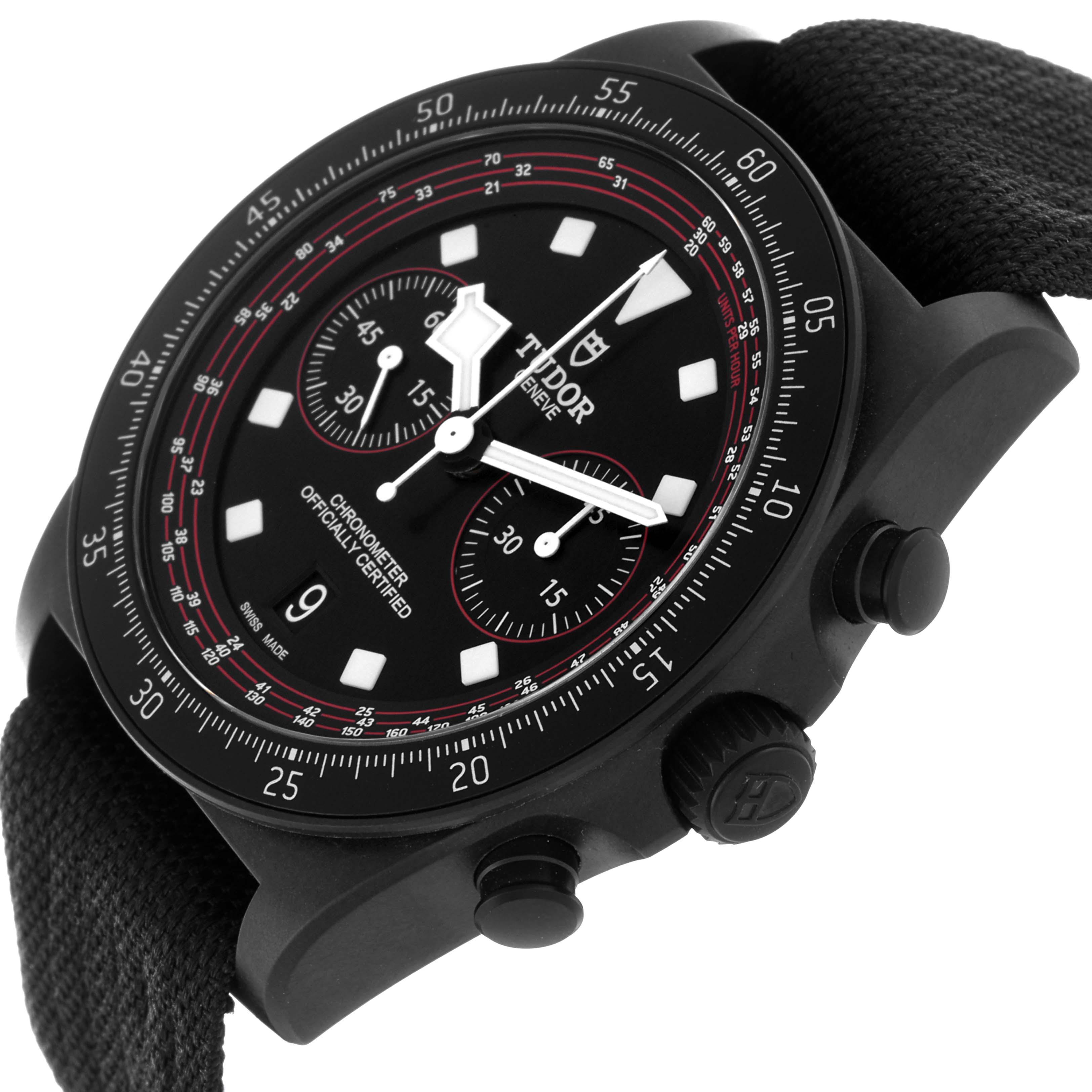 The Tudor Pelagos 25827KN Men
s Ceramic Black Dial 25827KN Men
s Ceramic Black Dial watch is shown at a slight angle, highlighting the face, bezel, crown, pushers, and strap.