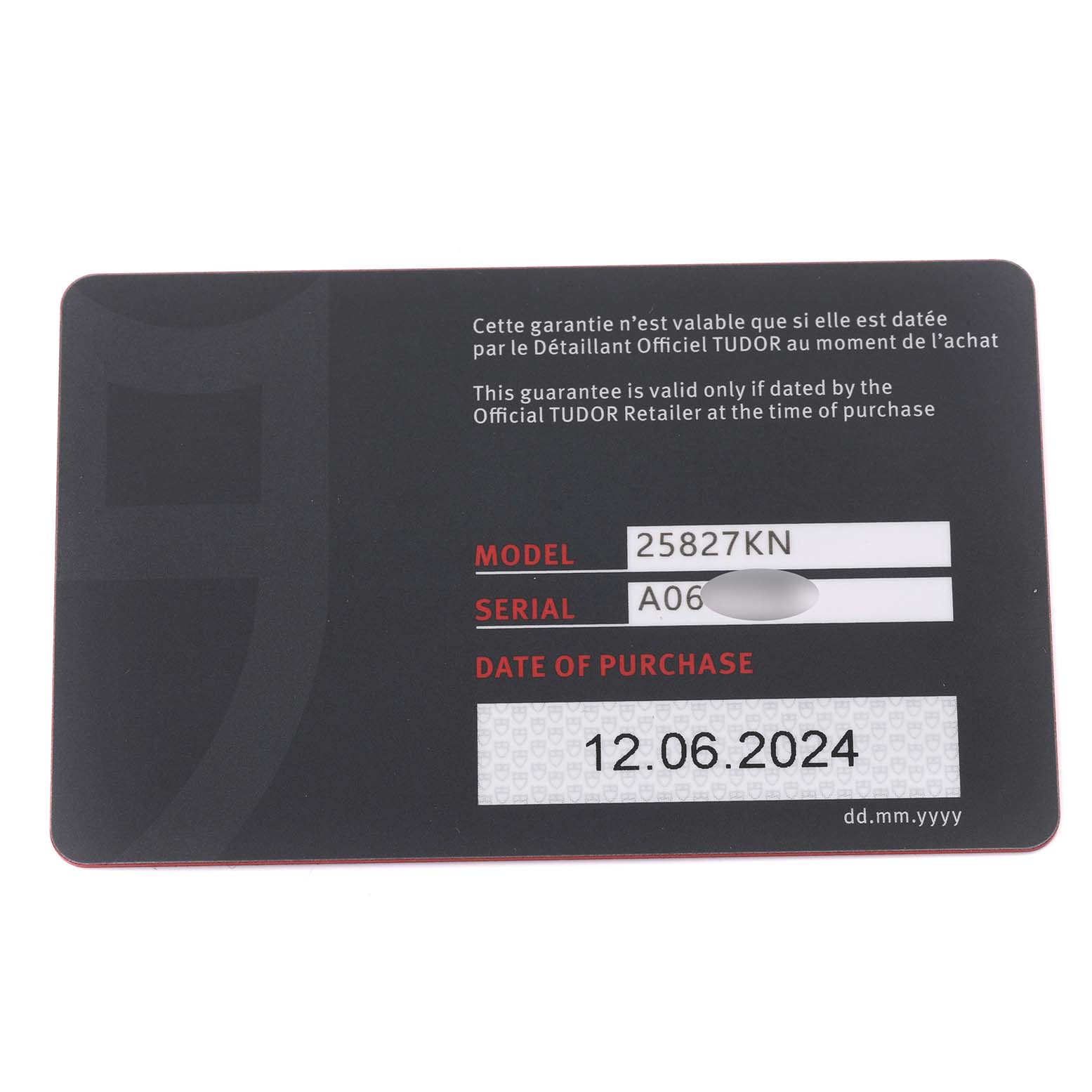 This image shows a warranty card for the Tudor Pelagos 25827KN Men
s Ceramic Black Dial 25827KN Men
s Ceramic Black Dial watch, displaying model, serial number, and purchase date.