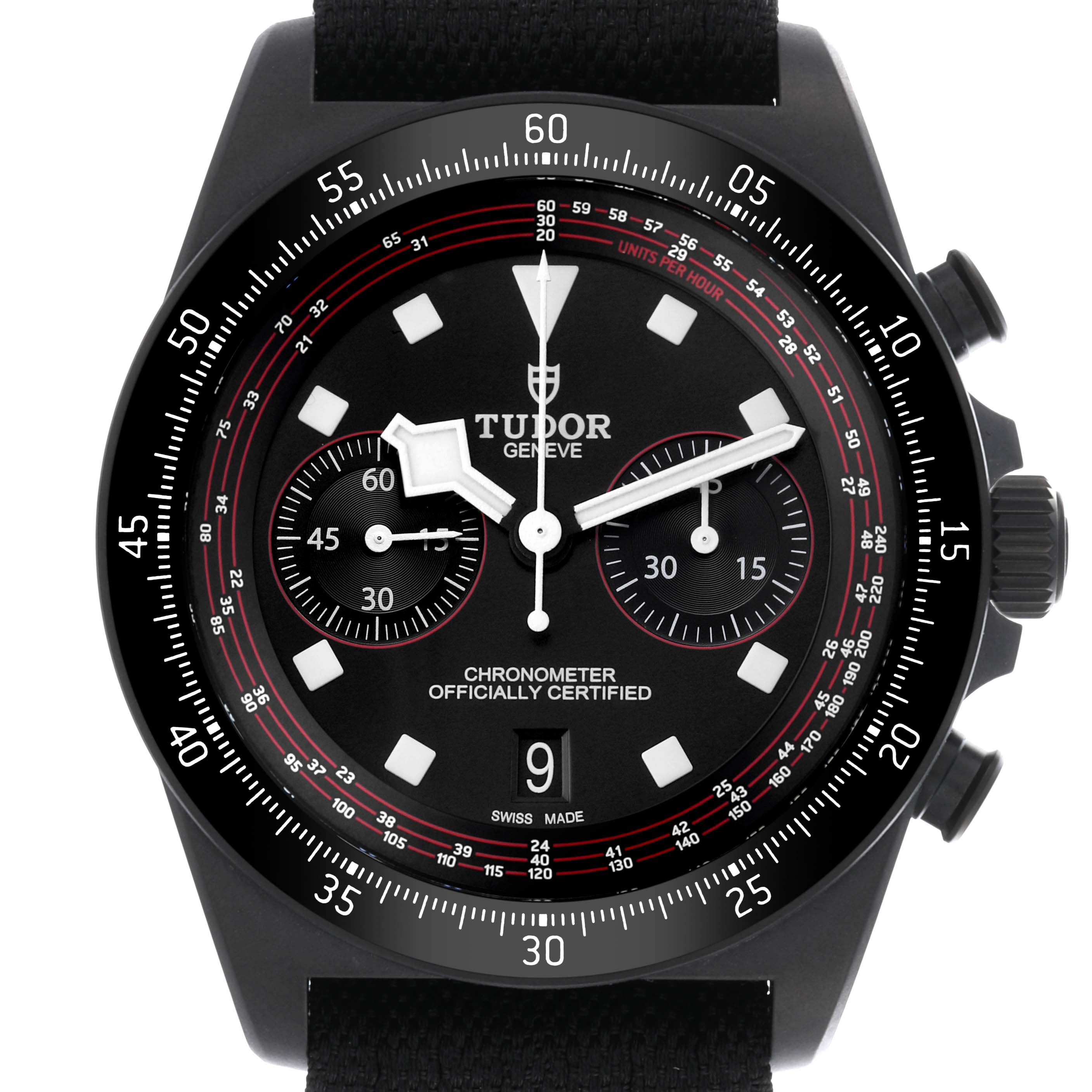 The image shows a frontal view of a Tudor Pelagos 25827KN Men
s Ceramic Black Dial 25827KN Men
s Ceramic Black Dial, featuring the dial, bezel, and pushers.