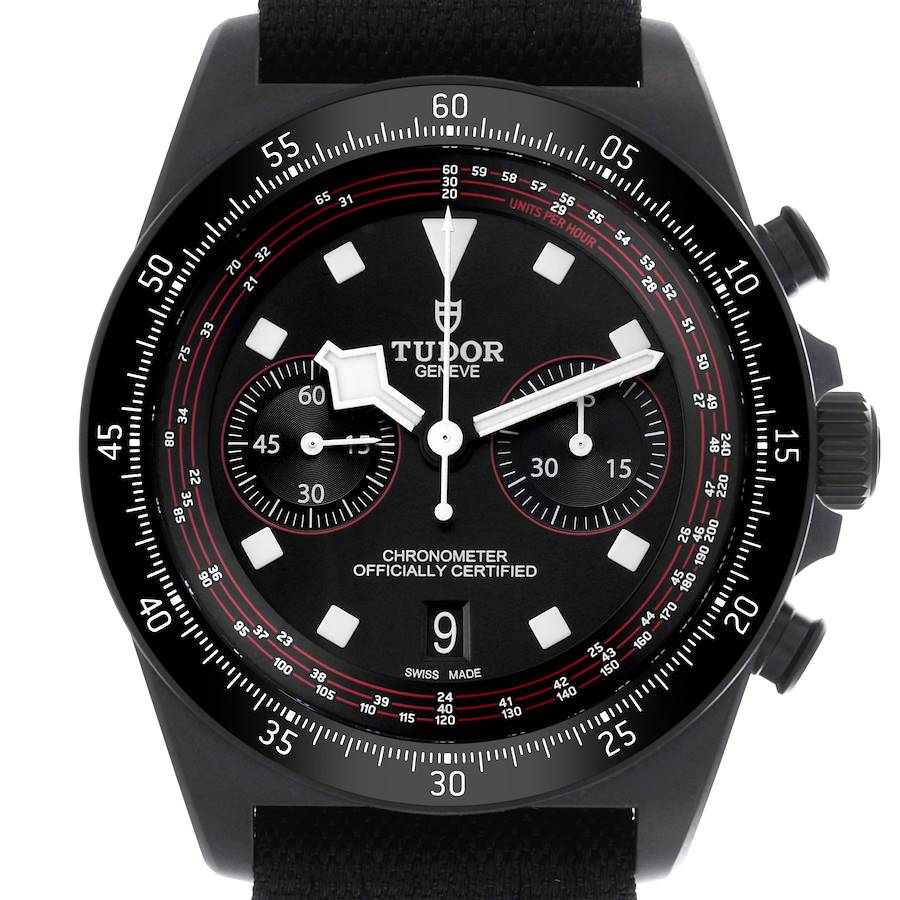 The image shows a frontal view of a Tudor Pelagos, featuring the dial, bezel, and pushers.