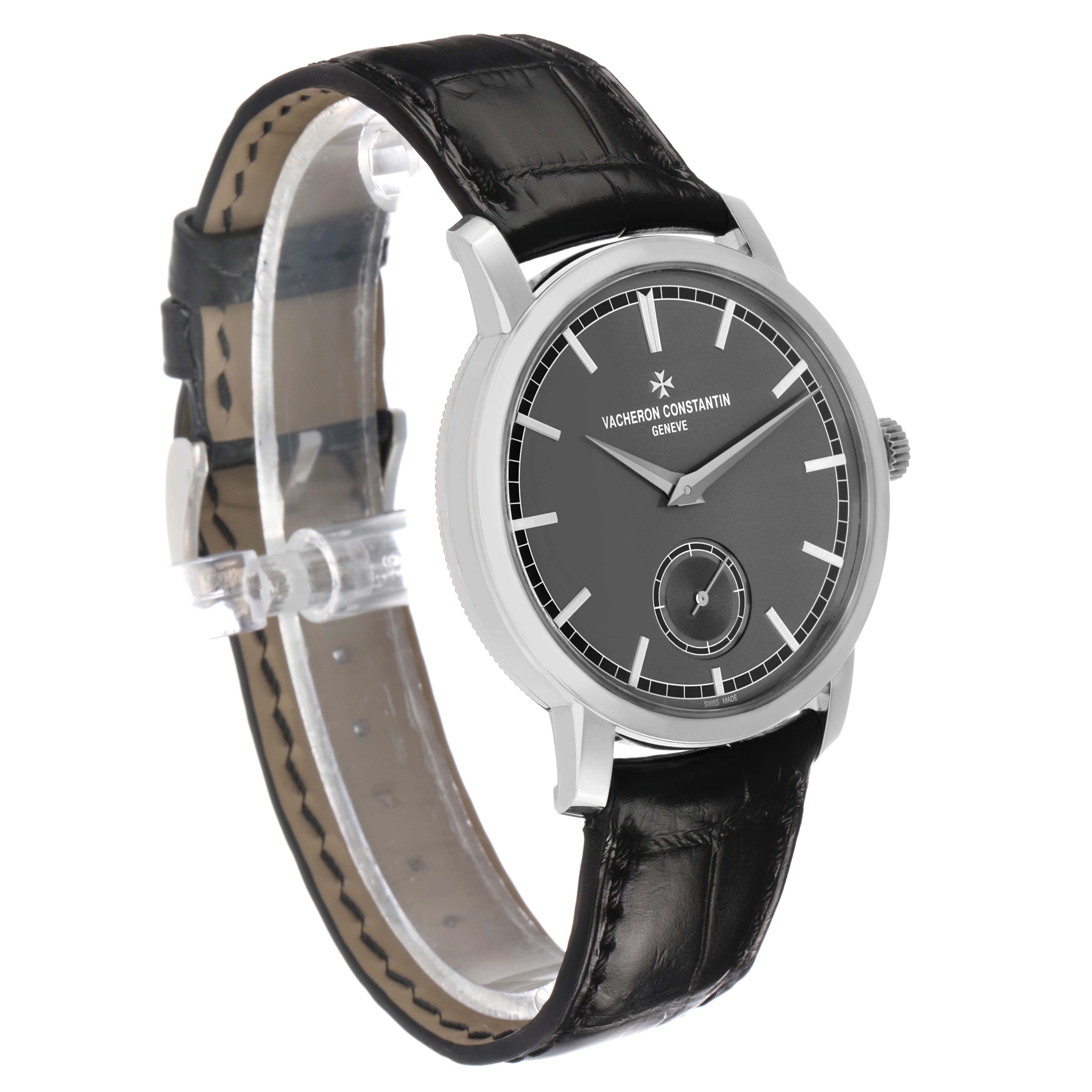 The Vacheron Constantin Traditionnelle 82172/000P-9811 Men's Platinum Grey Dial watch is shown at a slight angle, displaying the face, case, strap, and winding crown.