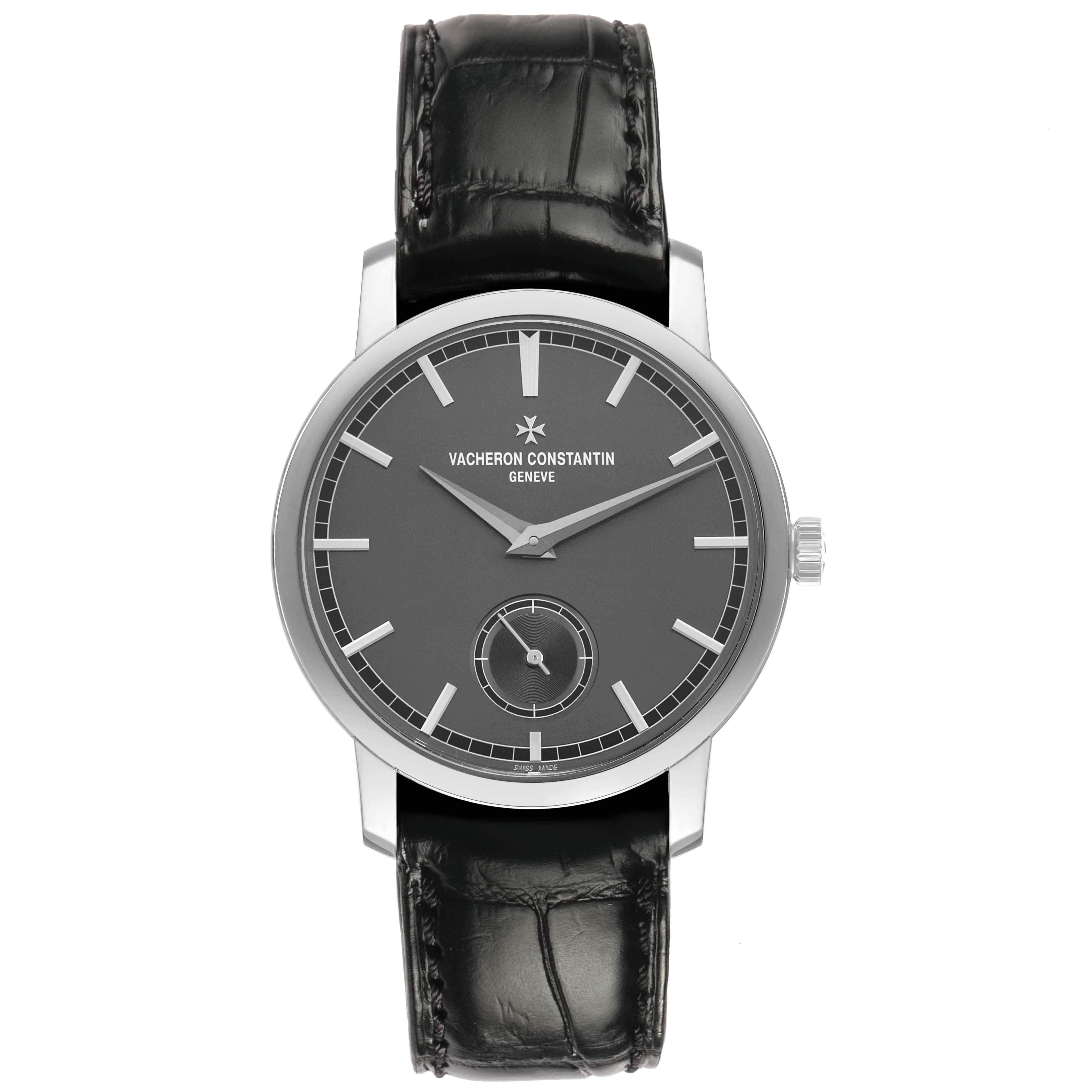 The Vacheron Constantin Traditionnelle 82172/000P-9811 Men's Platinum Grey Dial watch is shown from the front, highlighting the dial, hands, and black leather strap.