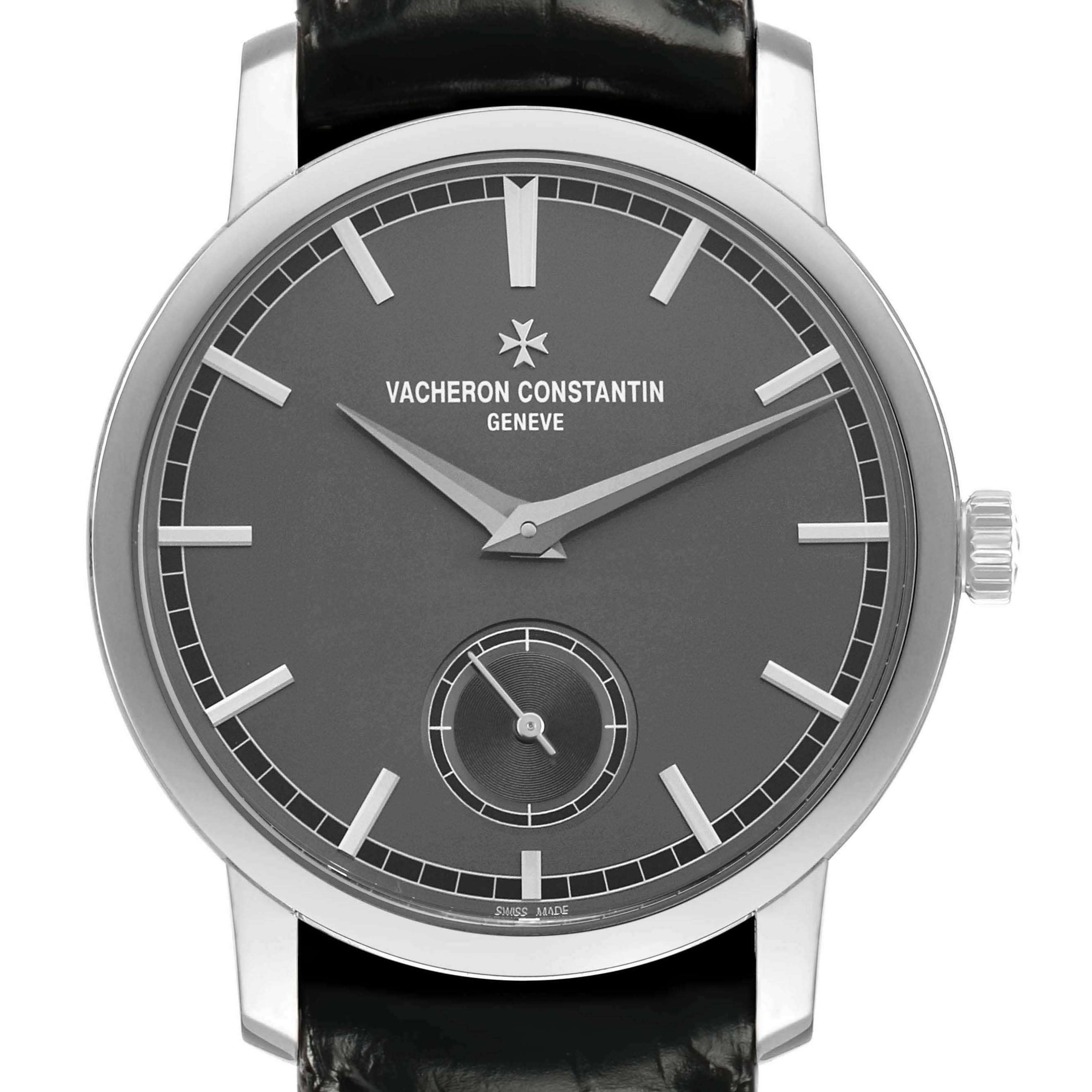 The Vacheron Constantin Traditionnelle 82172/000P-9811 Men's Platinum Grey Dial watch is shown from the front, highlighting the dial and crown.