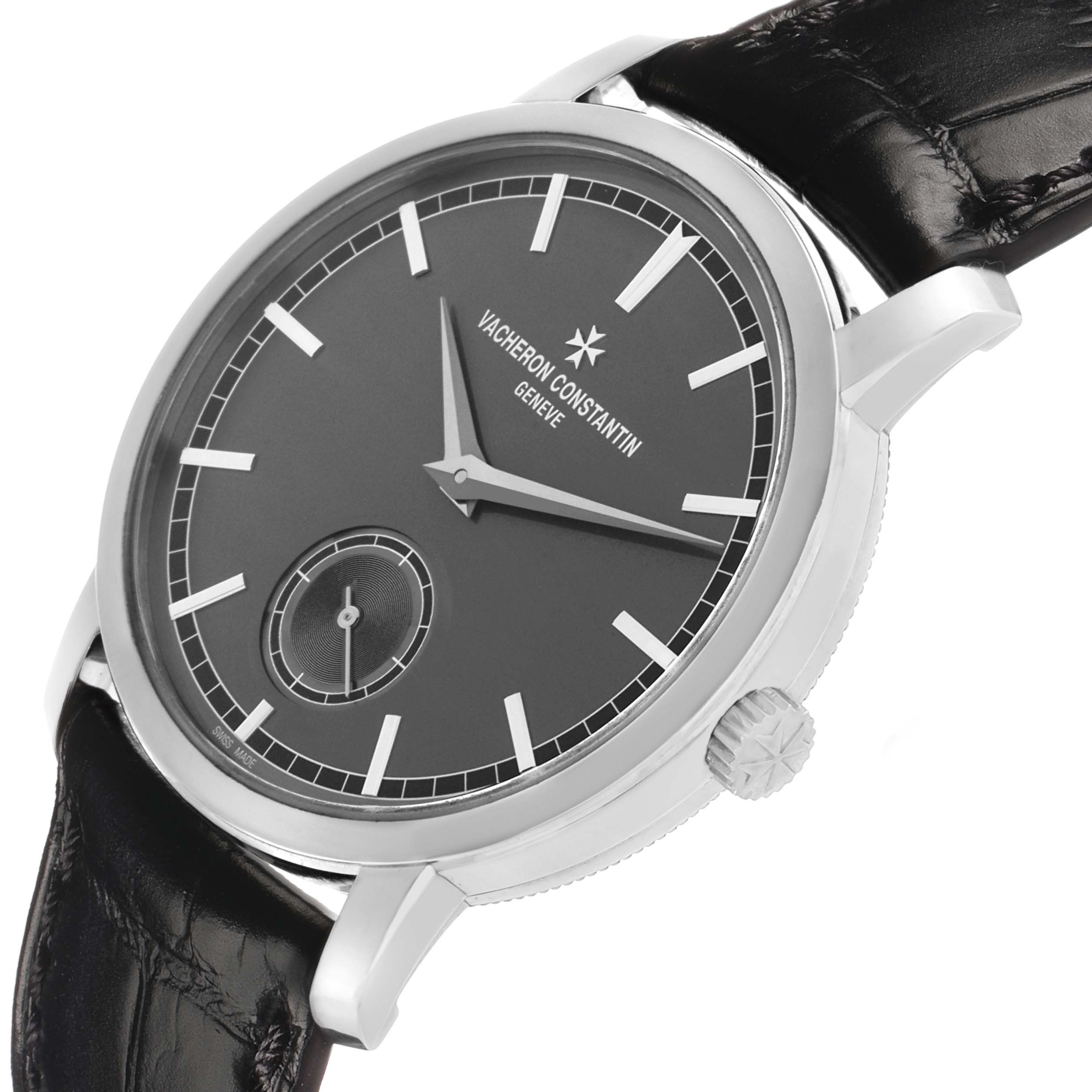 The Vacheron Constantin Traditionnelle 82172/000P-9811 Men's Platinum Grey Dial model is shown from a slightly angled side view, highlighting the dial, bezel, crown, and strap.