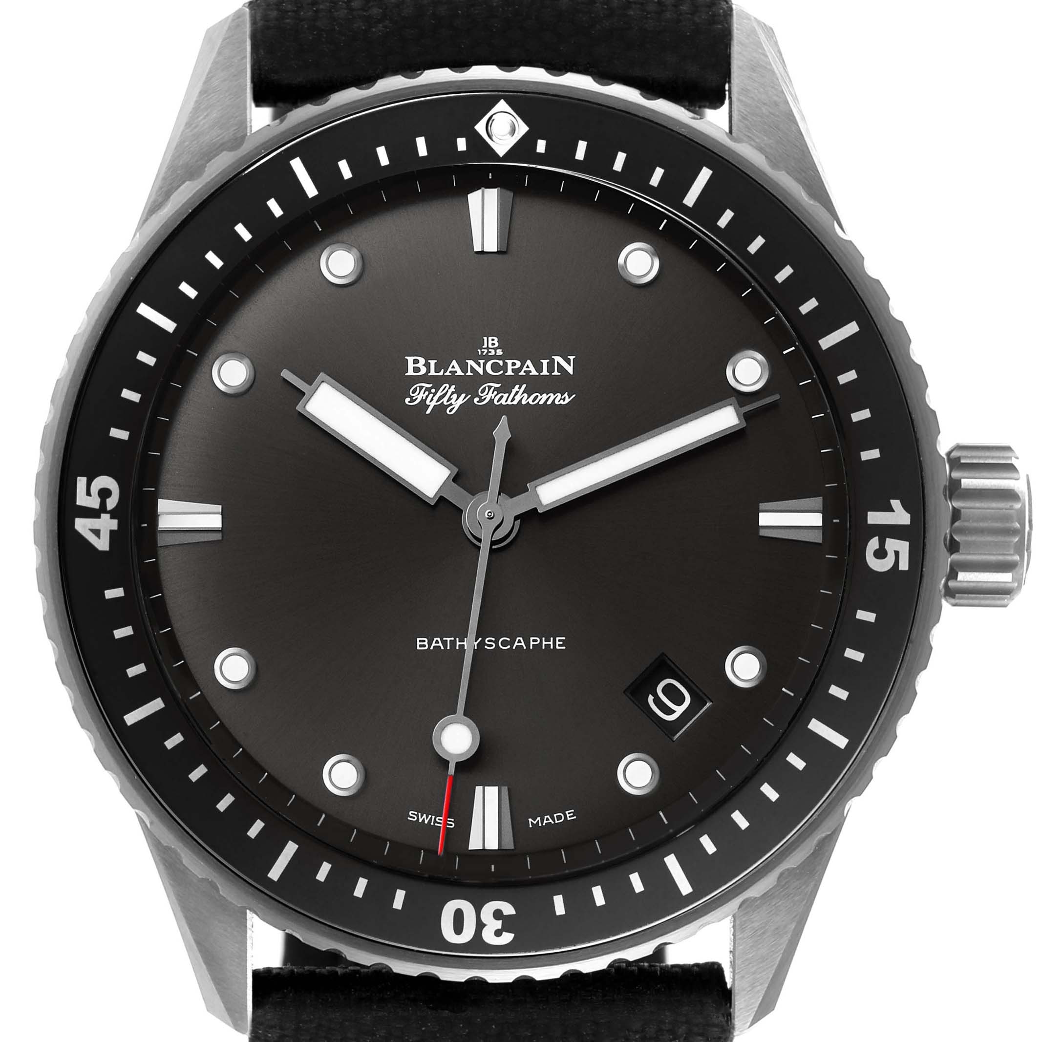 The image shows a front view of the Blancpain Fifty Fathoms 5000-1110-B52A Men's Stainless Steel Grey Dial 5000-1110-B52A Men's Stainless Steel Grey Dial Bathyscaphe watch, highlighting the dial, hands, bezel, and crown.