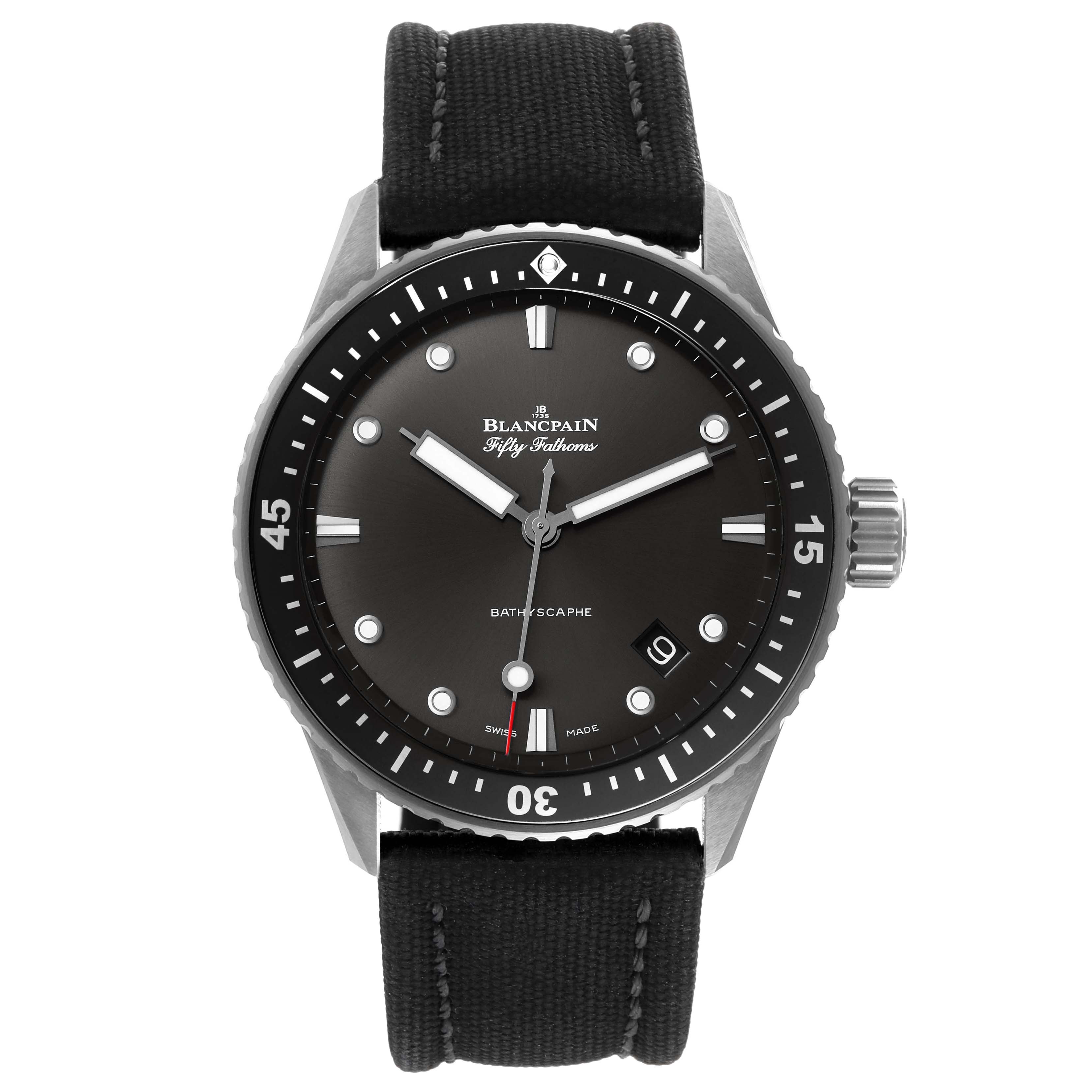 The image shows a Blancpain Fifty Fathoms 5000-1110-B52A Men's Stainless Steel Grey Dial 5000-1110-B52A Men's Stainless Steel Grey Dial watch from a front angle, highlighting its face, bezel, and strap.