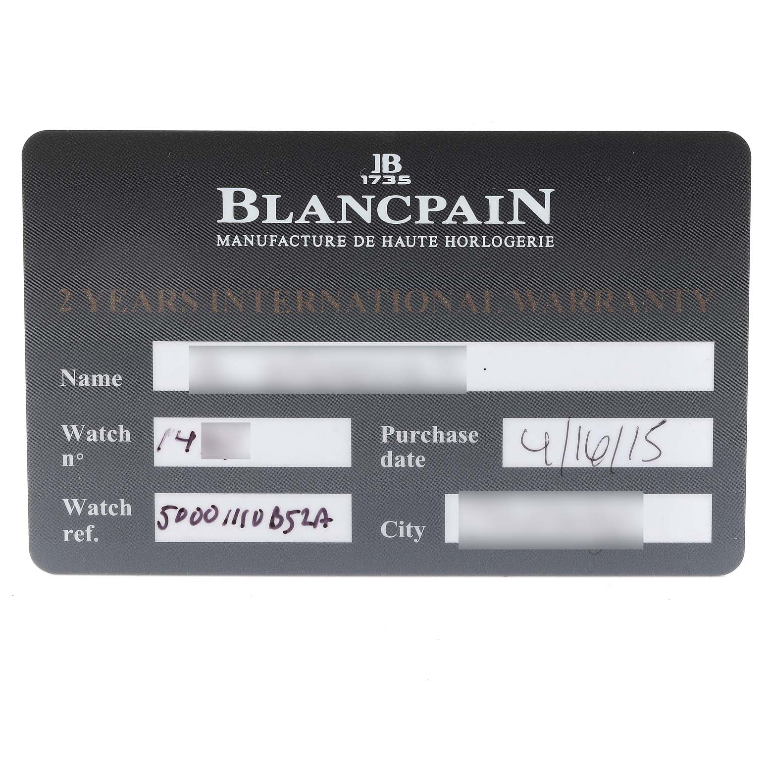 This image shows the international warranty card for the Blancpain Fifty Fathoms 5000-1110-B52A Men's Stainless Steel Grey Dial 5000-1110-B52A Men's Stainless Steel Grey Dial model.
