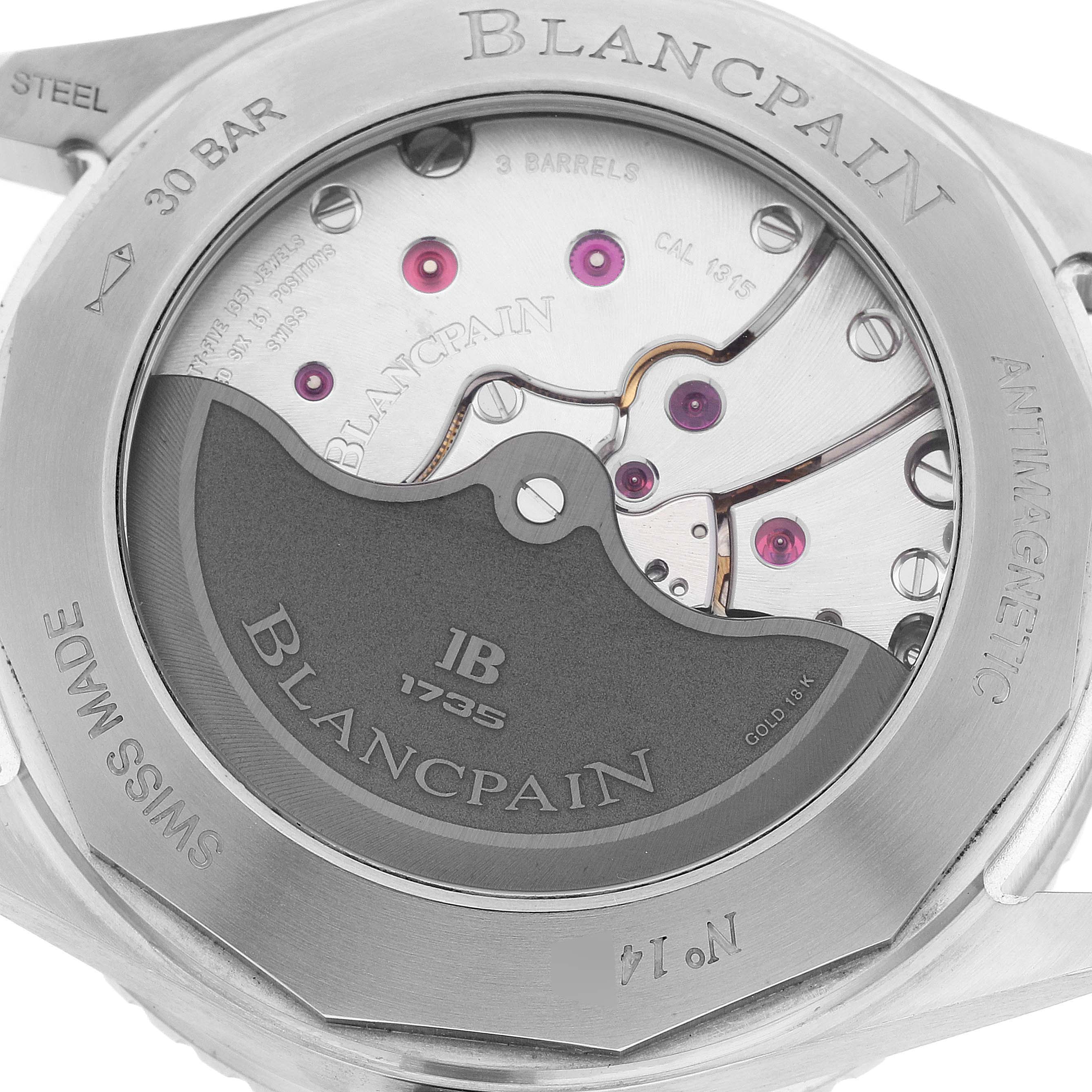 This image shows the back of the Blancpain Fifty Fathoms 5000-1110-B52A Men's Stainless Steel Grey Dial 5000-1110-B52A Men's Stainless Steel Grey Dial watch, showcasing the movement and rotor mechanism details.
