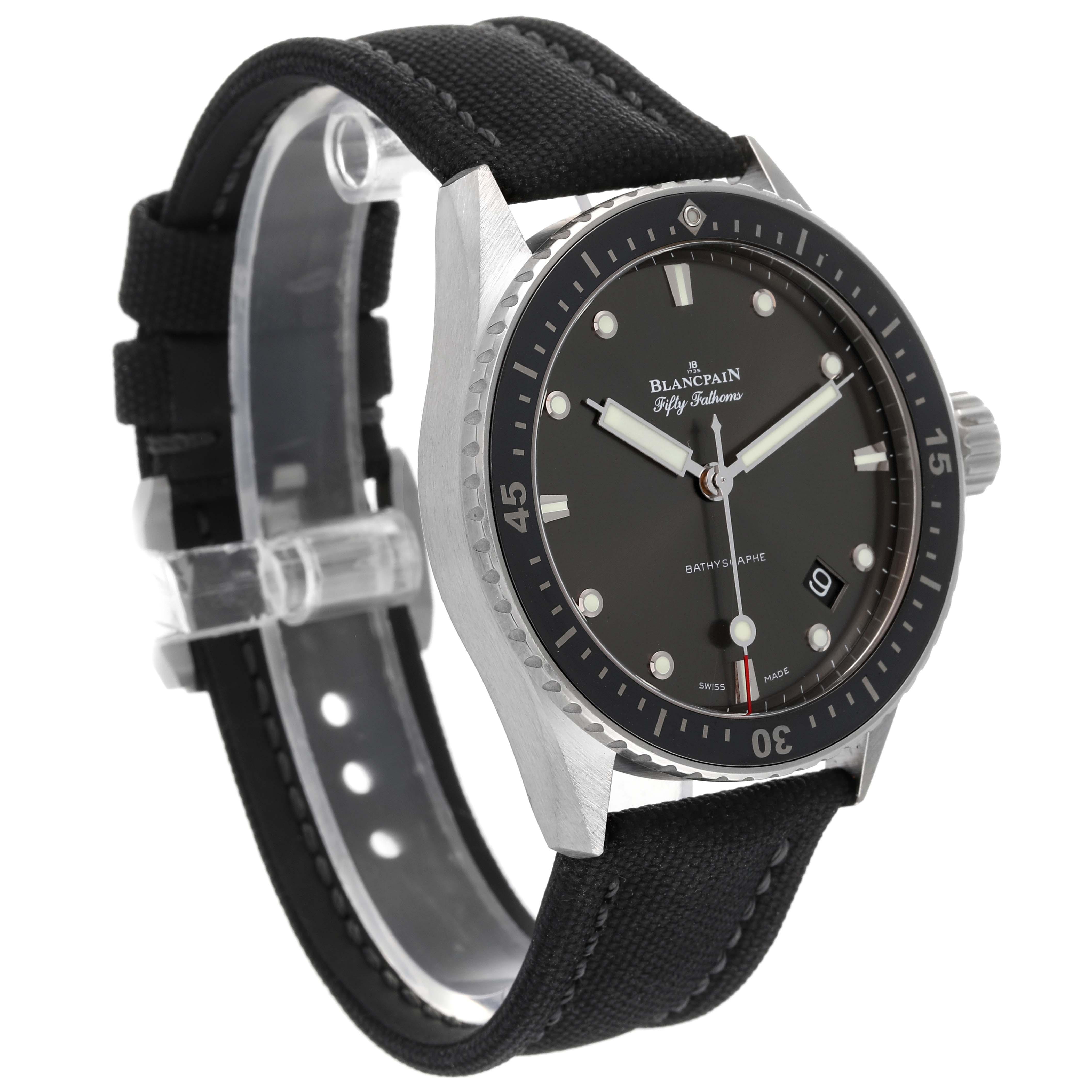 This image shows a side angle of the Blancpain Fifty Fathoms 5000-1110-B52A Men's Stainless Steel Grey Dial 5000-1110-B52A Men's Stainless Steel Grey Dial watch, highlighting the face, bezel, strap, and crown.